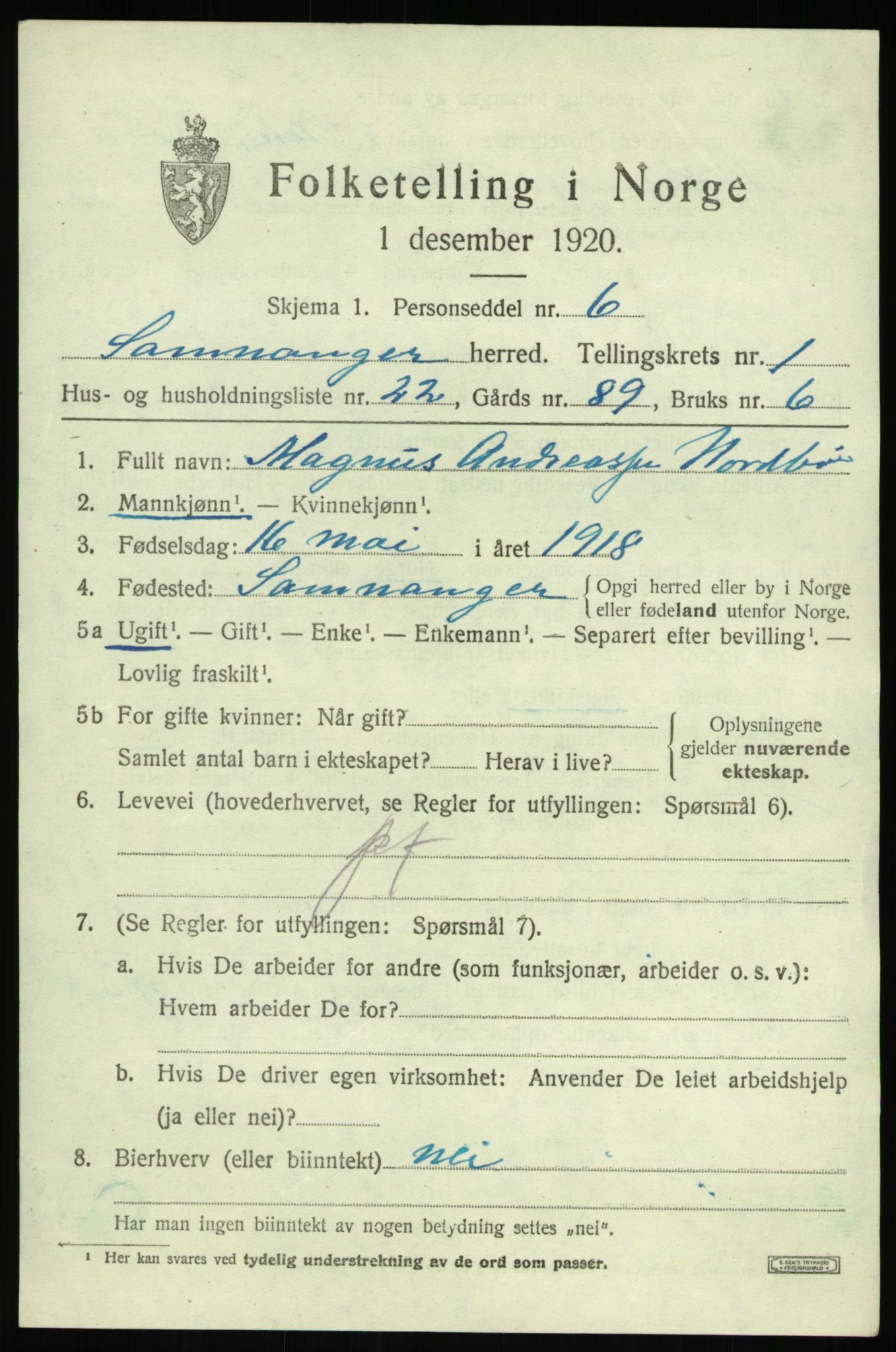 SAB, 1920 census for Samnanger, 1920, p. 1105