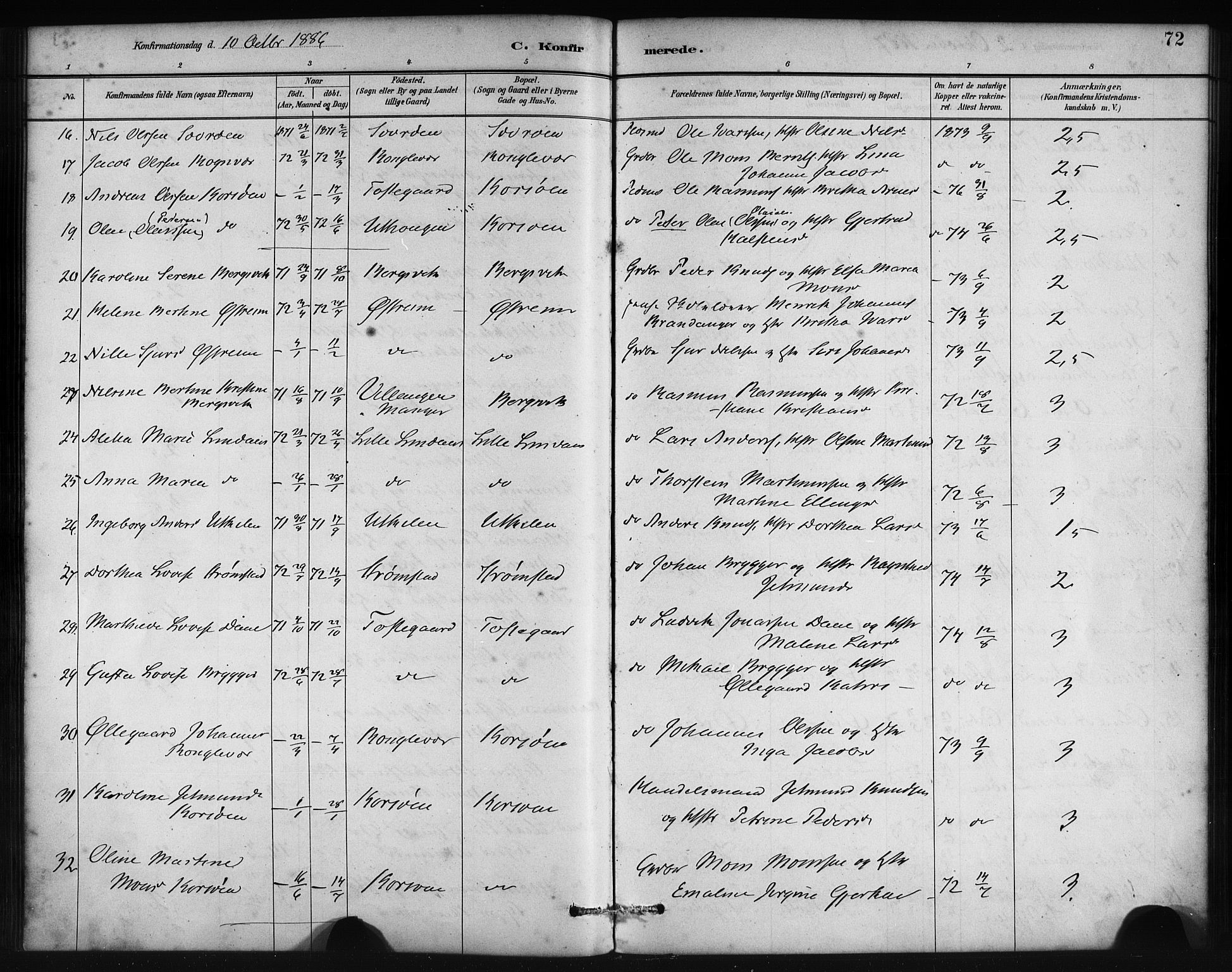 Lindås Sokneprestembete, AV/SAB-A-76701/H/Haa/Haac/L0001: Parish register (official) no. C 1, 1886-1896, p. 72