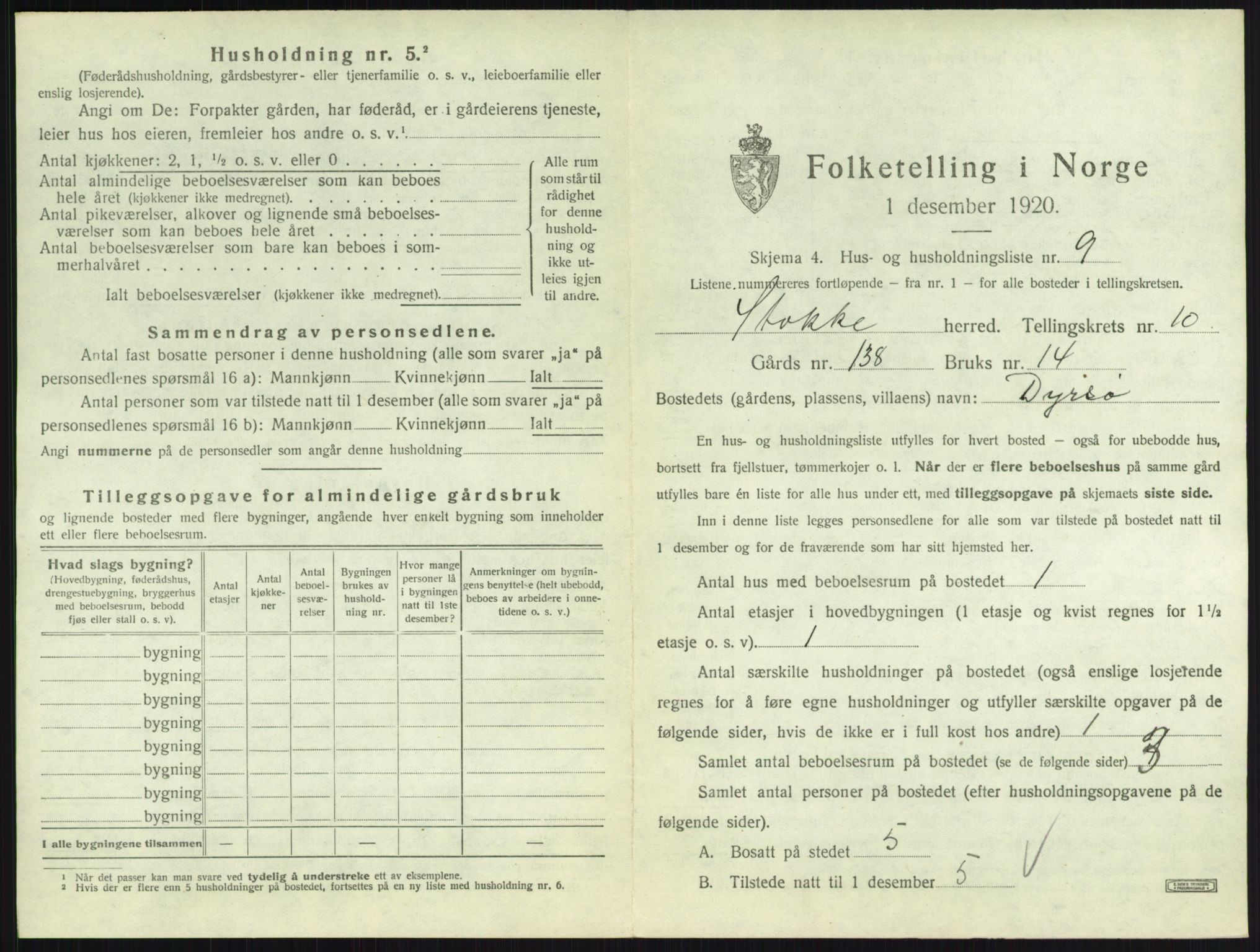 SAKO, 1920 census for Stokke, 1920, p. 1836