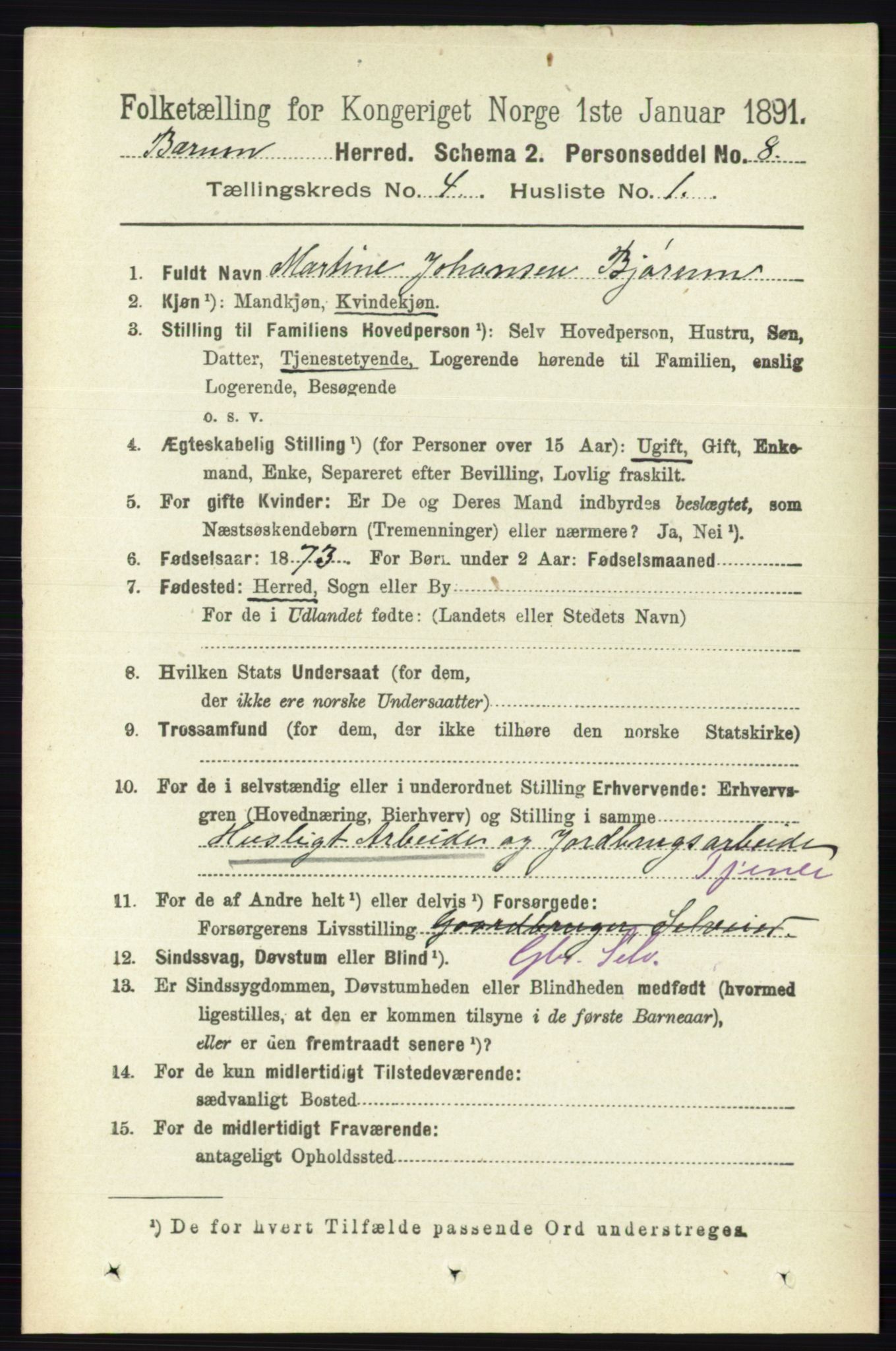 RA, 1891 census for 0219 Bærum, 1891, p. 2493