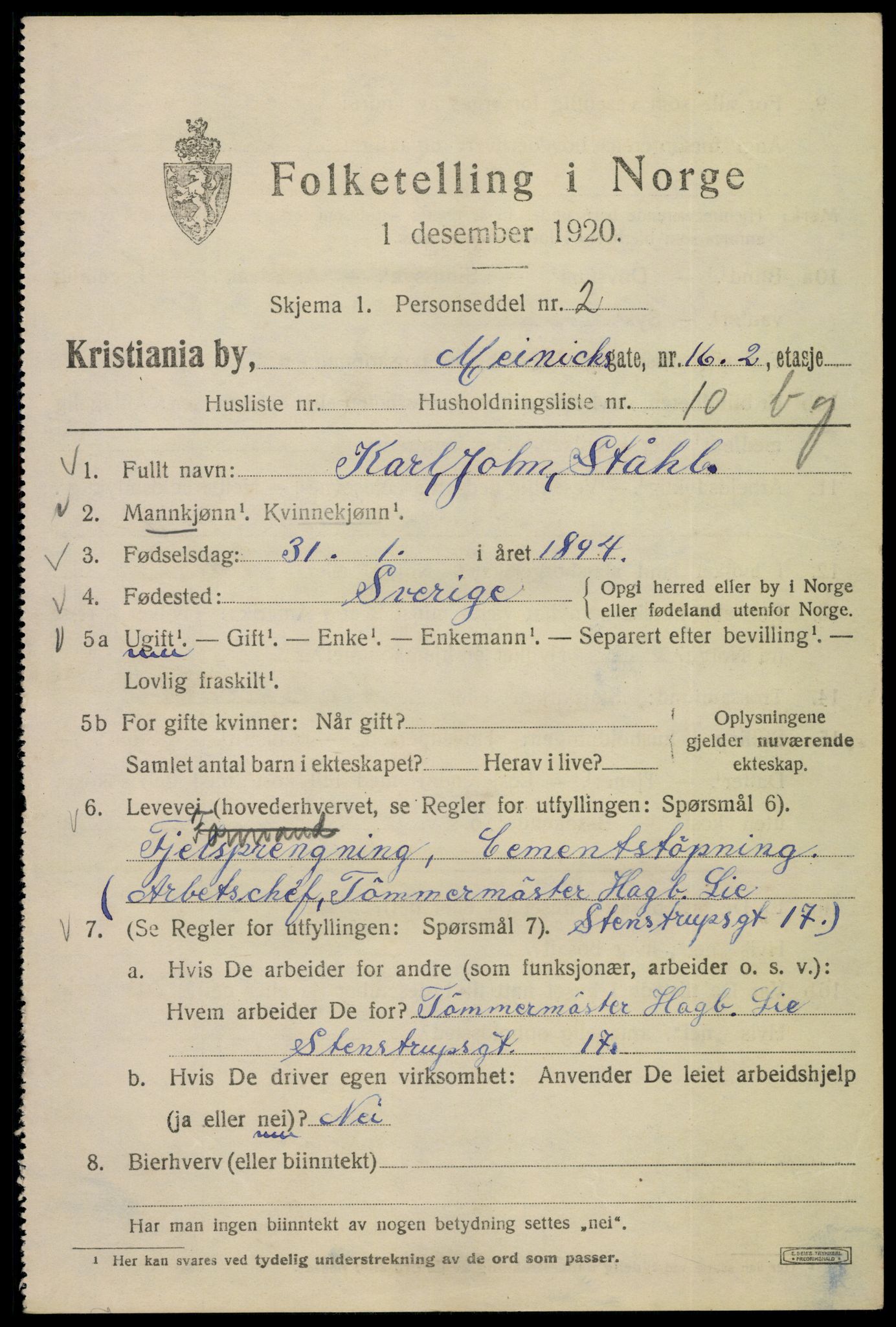 SAO, 1920 census for Kristiania, 1920, p. 394001