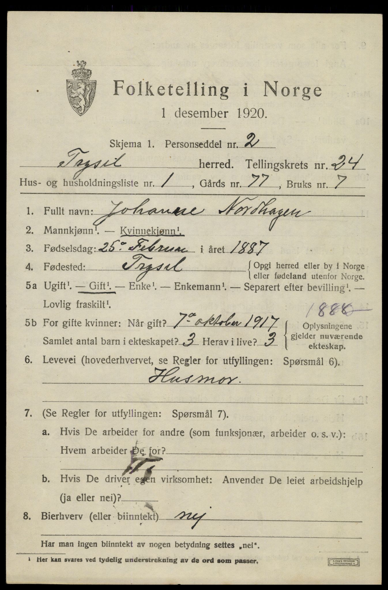 SAH, 1920 census for Trysil, 1920, p. 15217