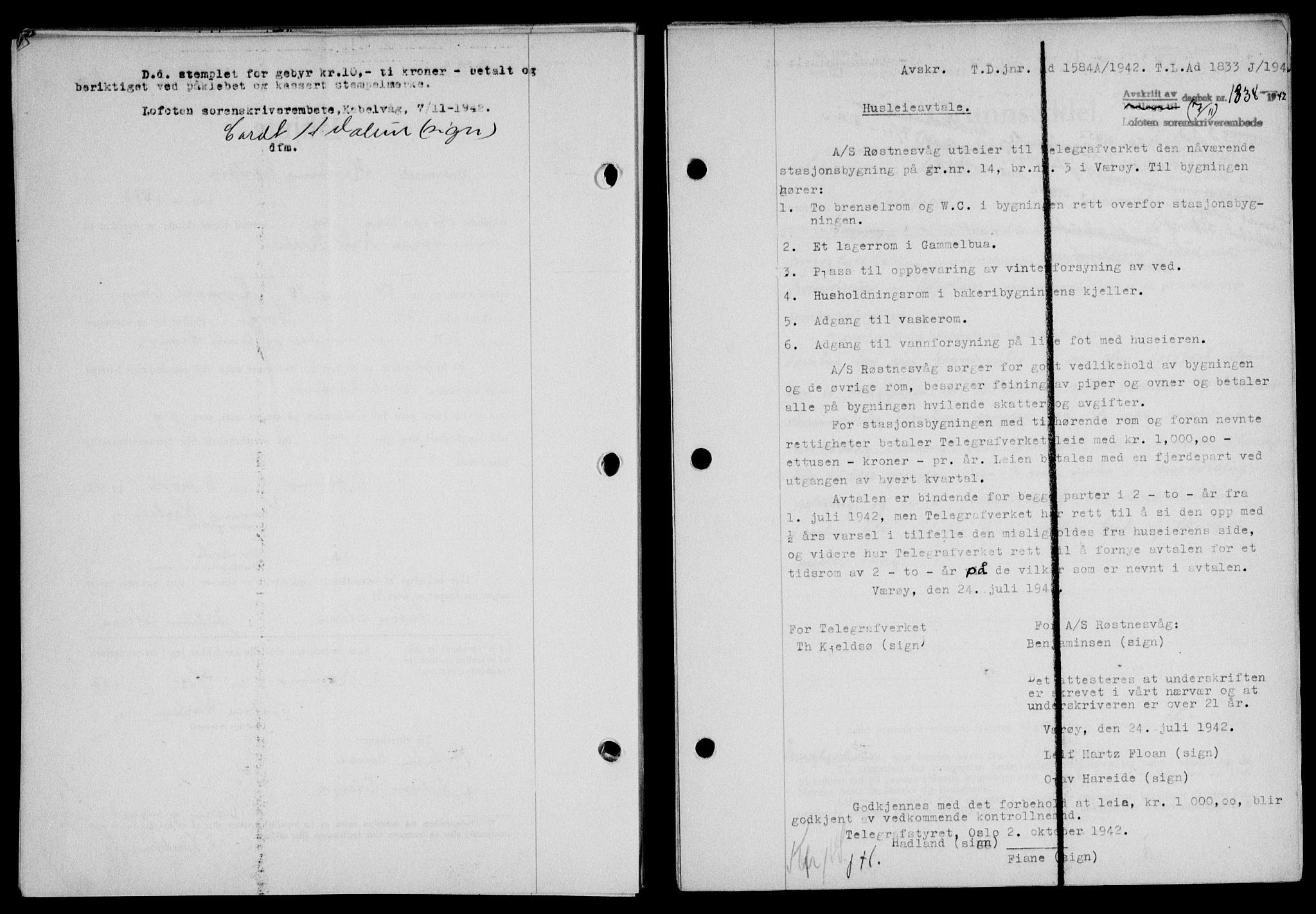 Lofoten sorenskriveri, SAT/A-0017/1/2/2C/L0010a: Mortgage book no. 10a, 1942-1943, Diary no: : 1838/1942