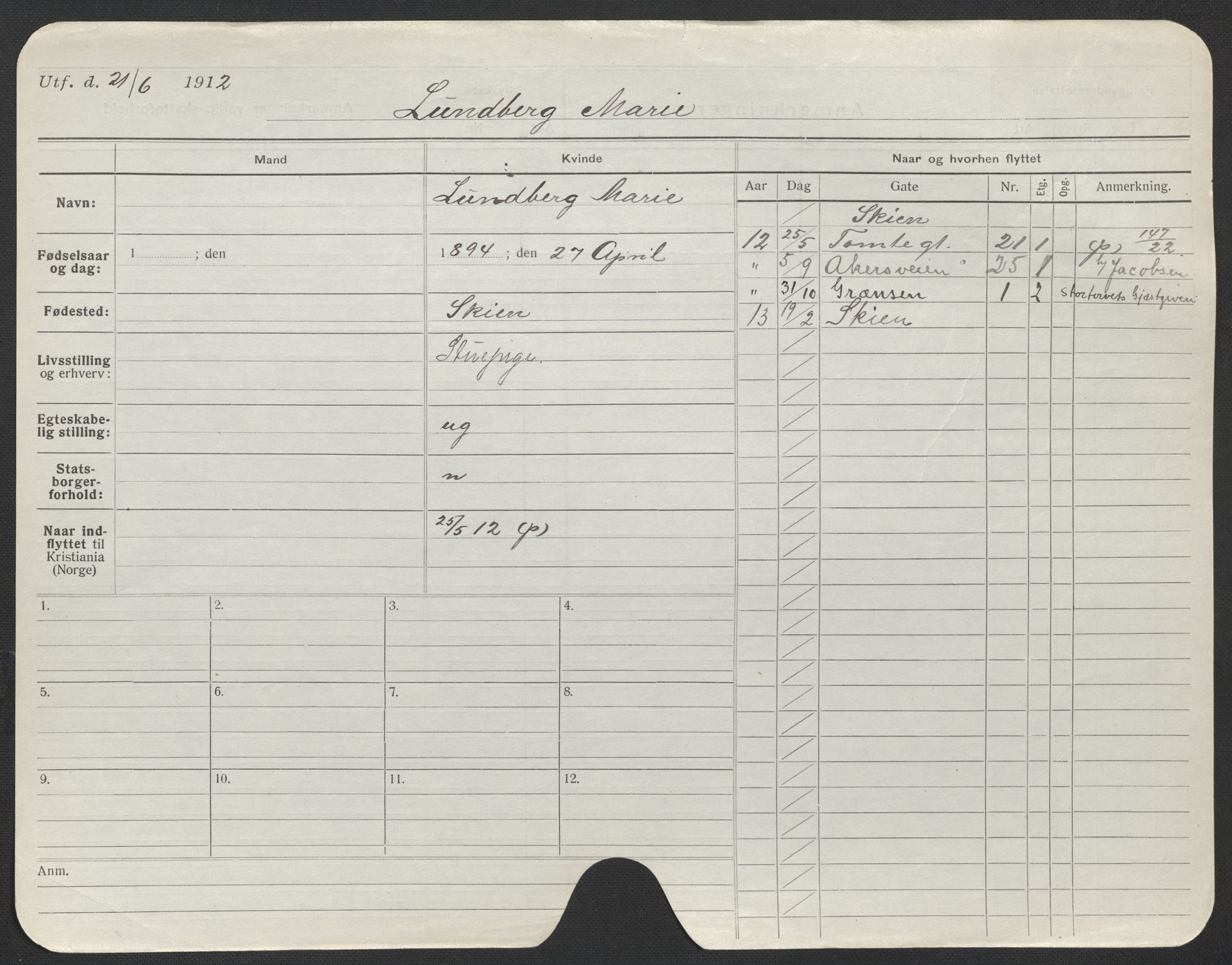 Oslo folkeregister, Registerkort, SAO/A-11715/F/Fa/Fac/L0020: Kvinner, 1906-1914, p. 301a