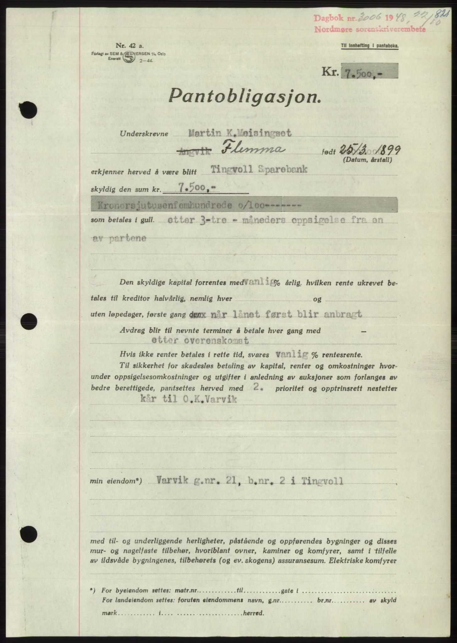 Nordmøre sorenskriveri, AV/SAT-A-4132/1/2/2Ca: Mortgage book no. B99, 1948-1948, Diary no: : 3006/1948