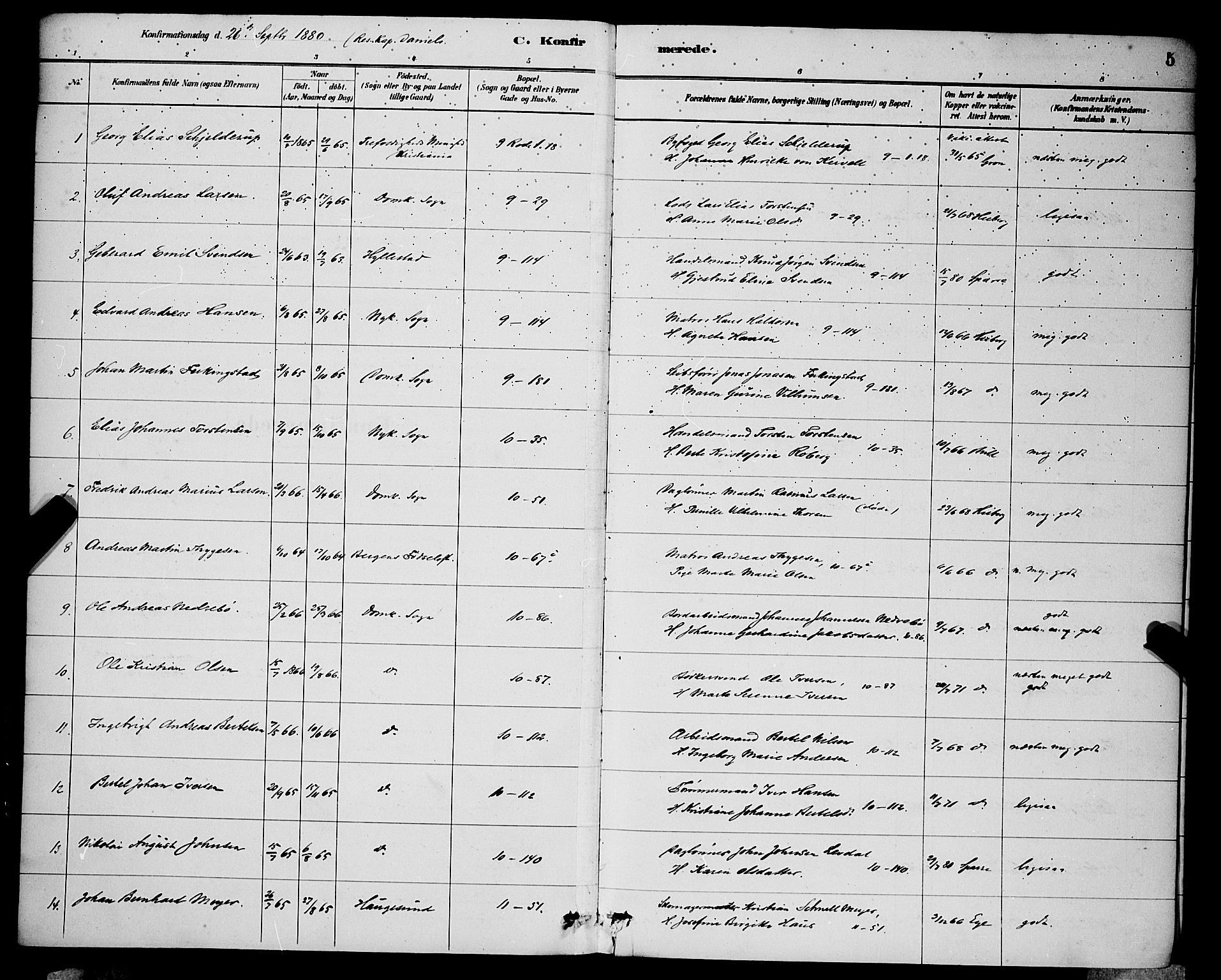 Domkirken sokneprestembete, SAB/A-74801/H/Hab/L0024: Parish register (copy) no. C 4, 1880-1899, p. 5