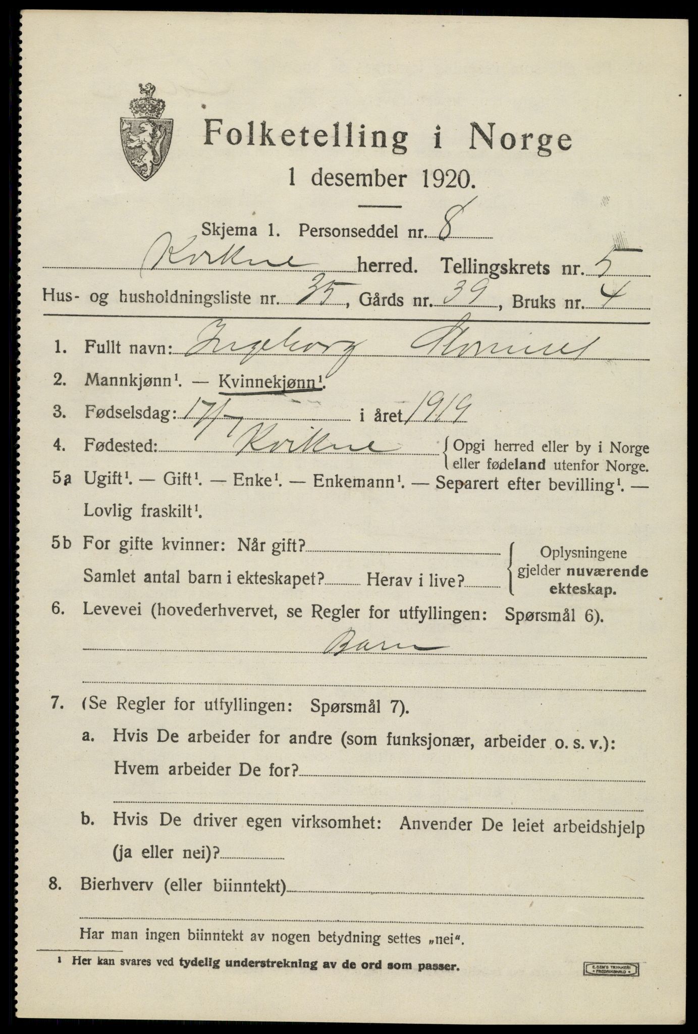 SAH, 1920 census for Kvikne, 1920, p. 2450