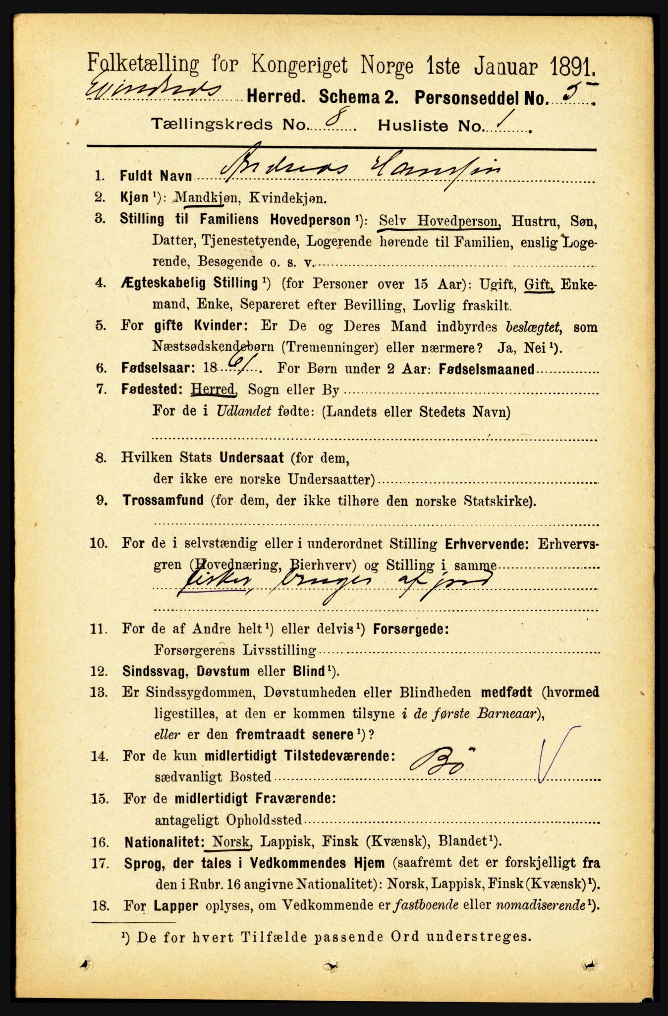 RA, 1891 census for 1853 Evenes, 1891, p. 2516