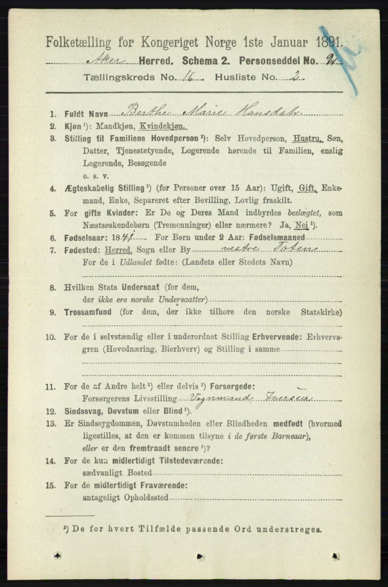 RA, 1891 census for 0218 Aker, 1891, p. 14045