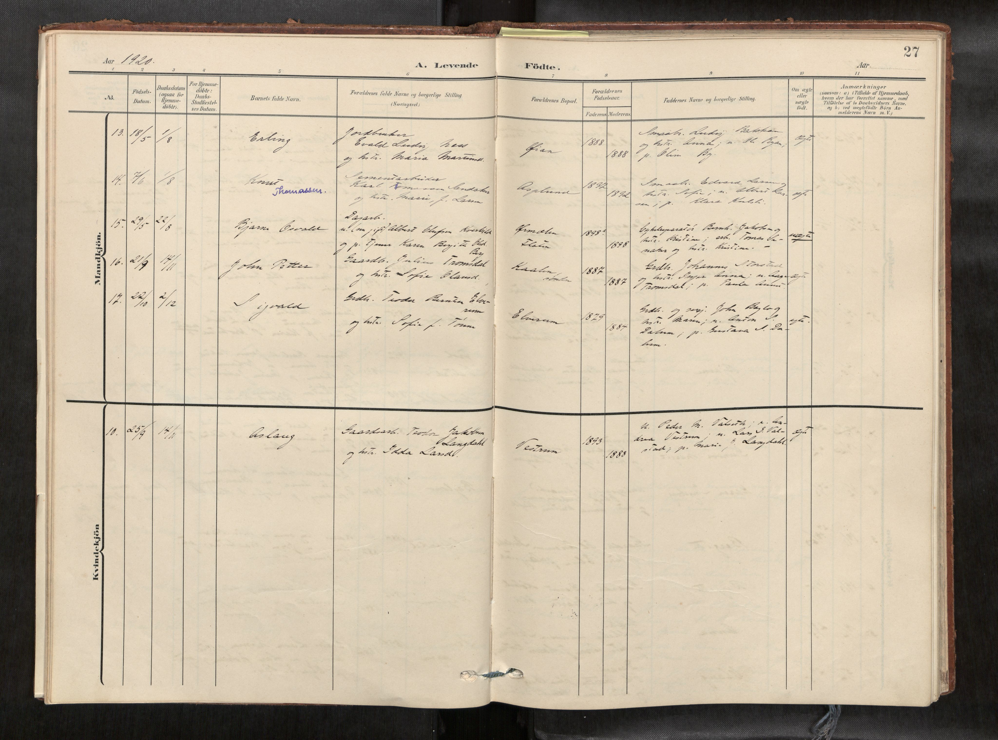 Verdal sokneprestkontor, AV/SAT-A-1156/2/H/Haa/L0003: Parish register (official) no. 3, 1907-1921, p. 27