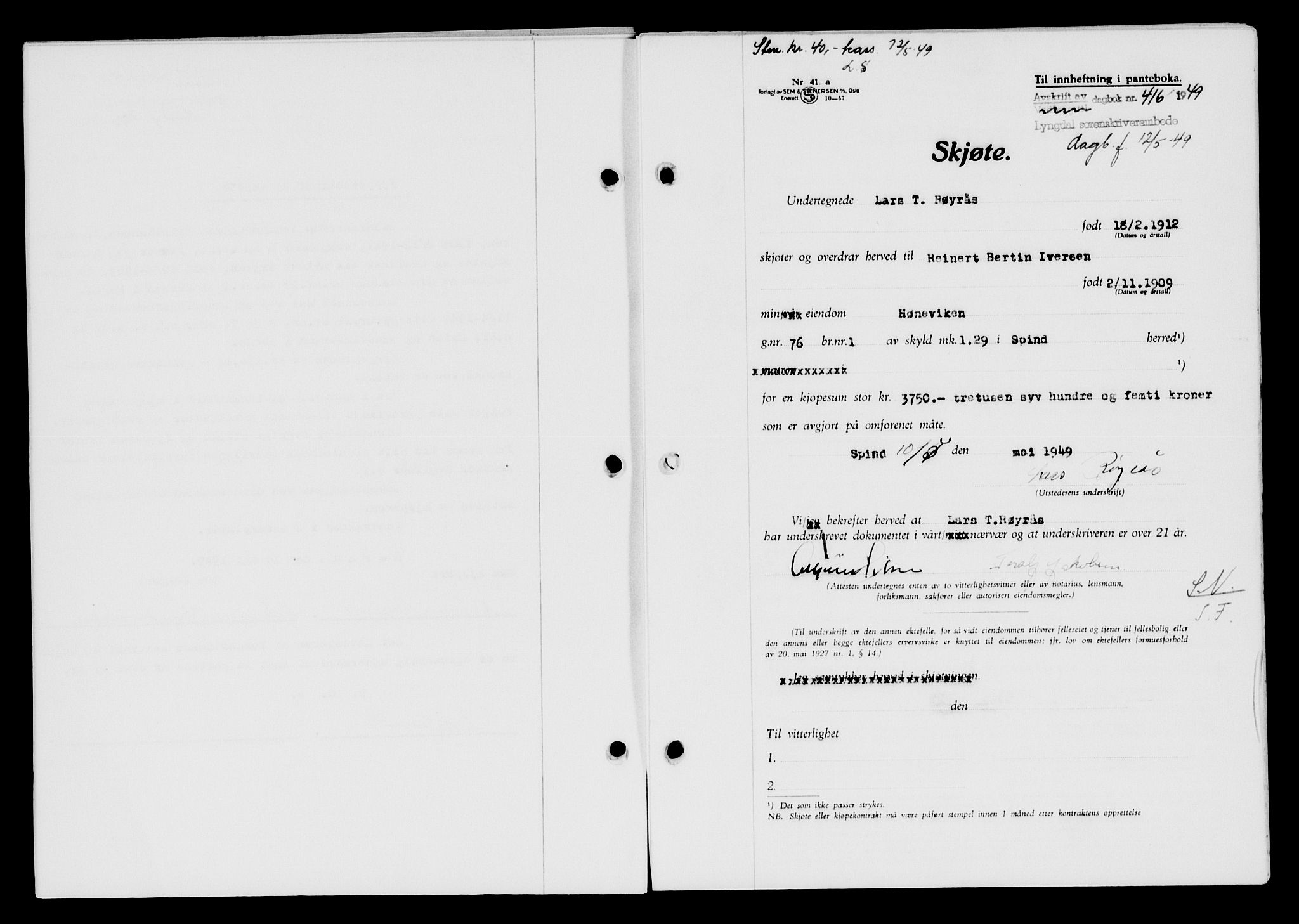 Lyngdal sorenskriveri, AV/SAK-1221-0004/G/Gb/L0663: Mortgage book no. A IX, 1948-1949, Diary no: : 416/1949