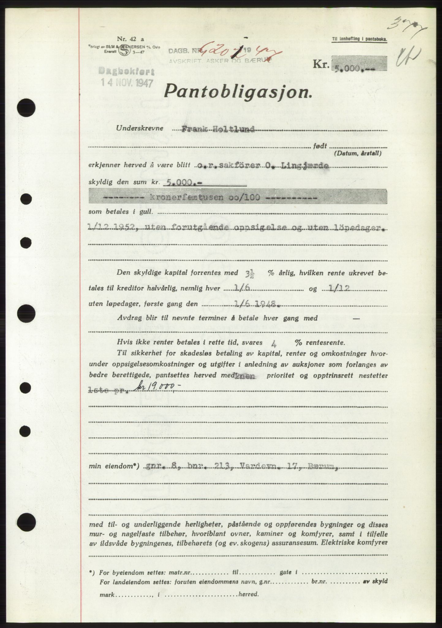 Aker herredsskriveri, AV/SAO-A-10896/G/Gb/Gbb/Gbbc/L0018: Mortgage book no. B84, 1947-1947, Diary no: : 6201/1947