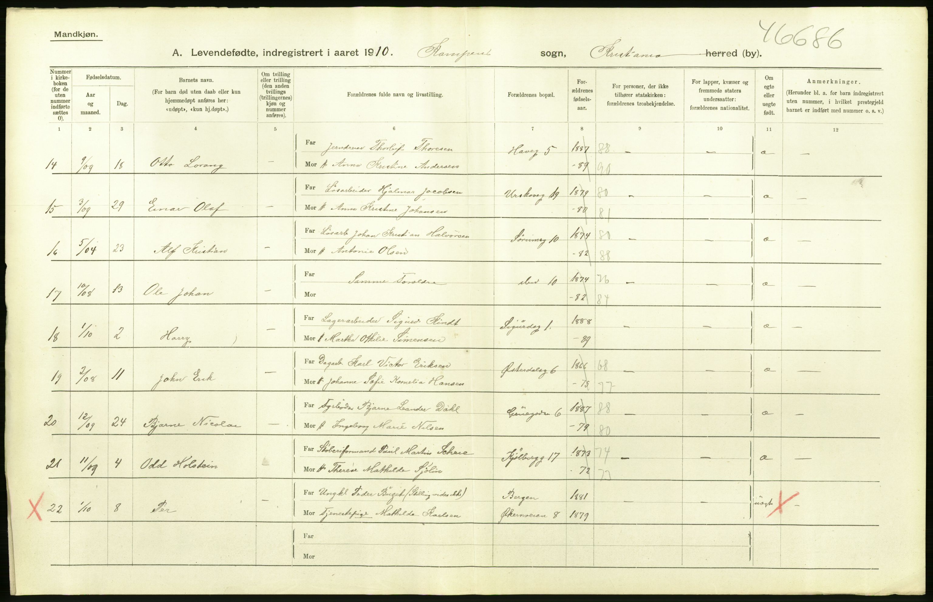 Statistisk sentralbyrå, Sosiodemografiske emner, Befolkning, RA/S-2228/D/Df/Dfa/Dfah/L0006: Kristiania: Levendefødte menn., 1910, p. 358