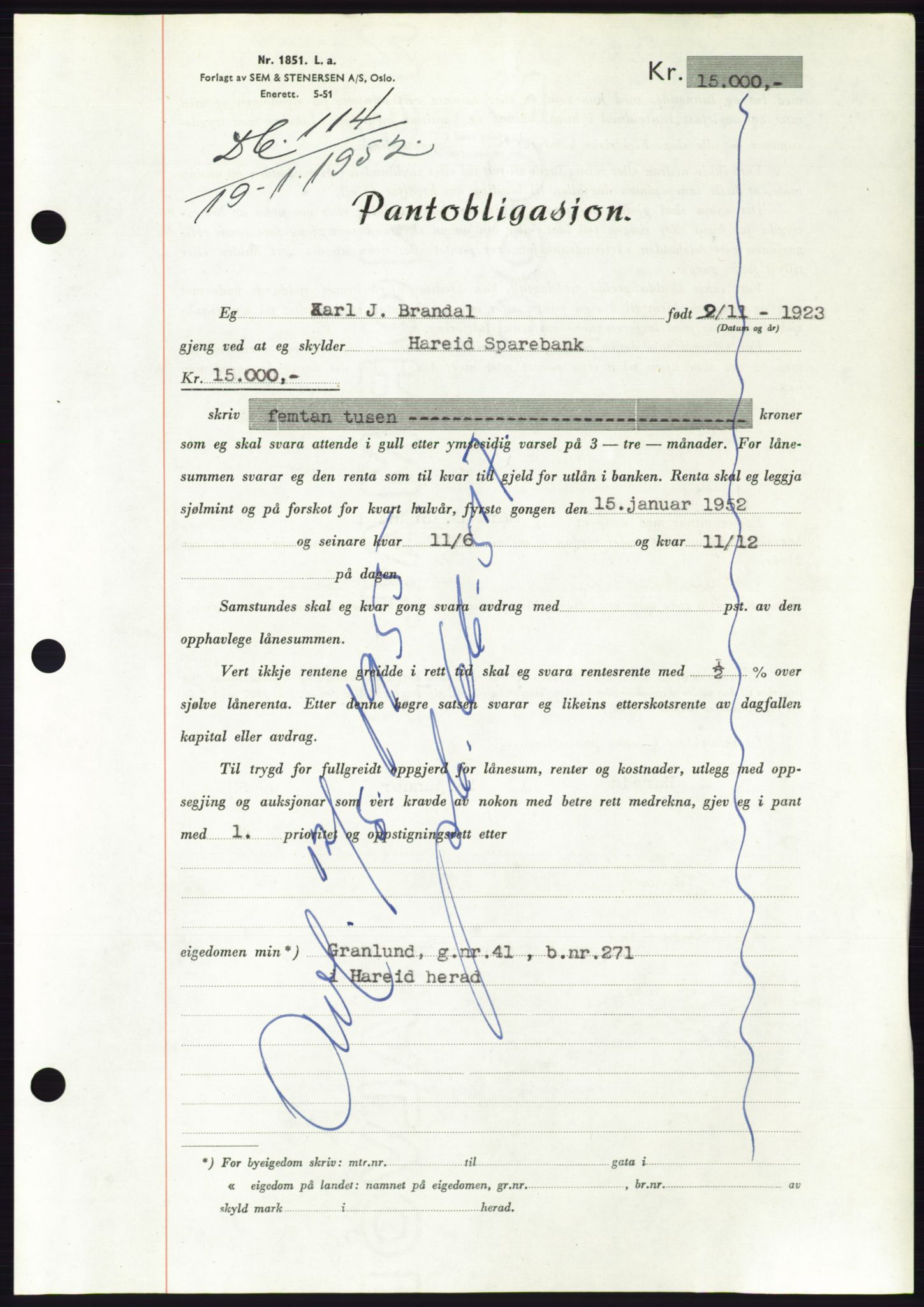 Søre Sunnmøre sorenskriveri, AV/SAT-A-4122/1/2/2C/L0121: Mortgage book no. 9B, 1951-1952, Diary no: : 114/1952