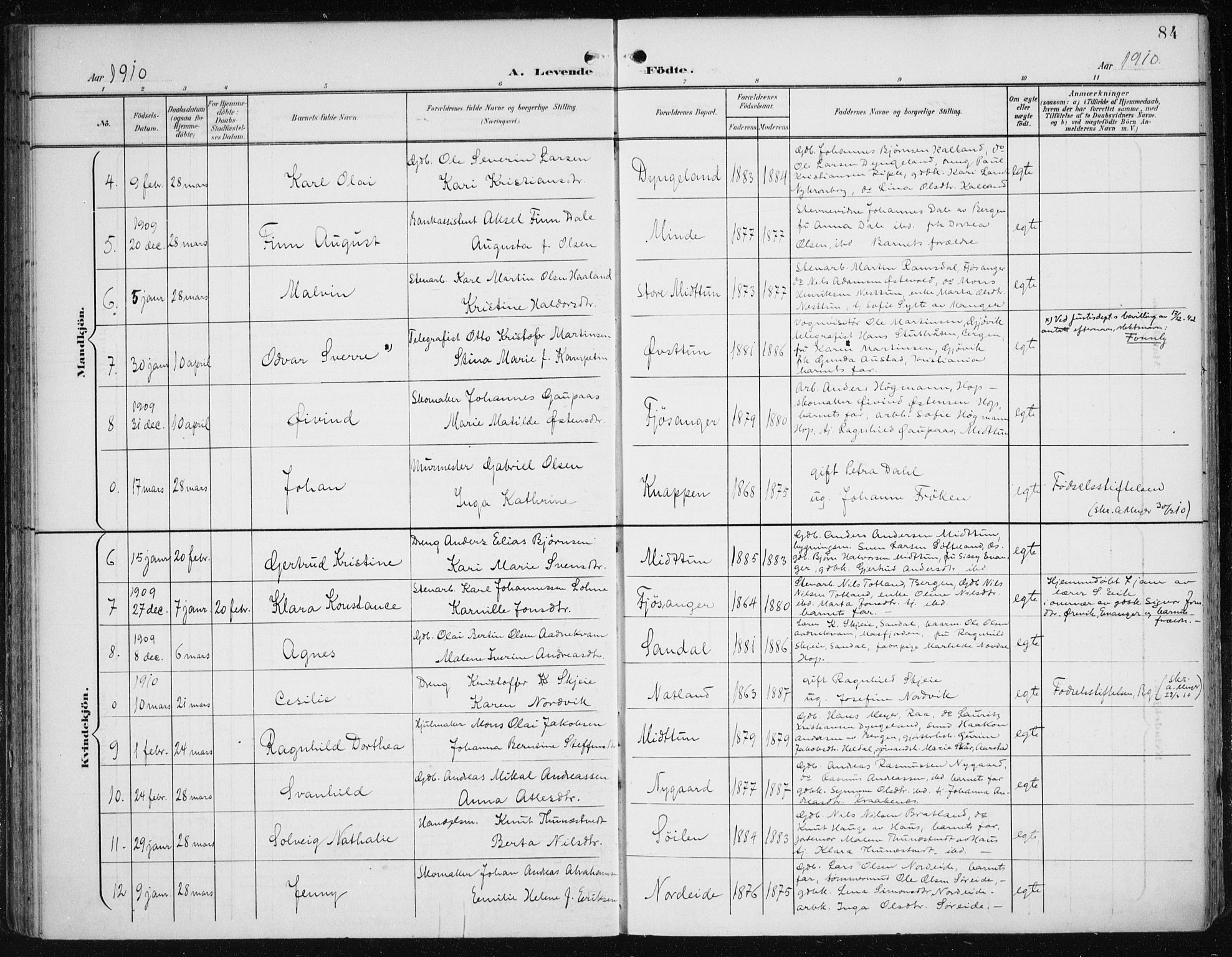 Fana Sokneprestembete, SAB/A-75101/H/Haa/Haai/L0003: Parish register (official) no. I 3, 1900-1912, p. 84