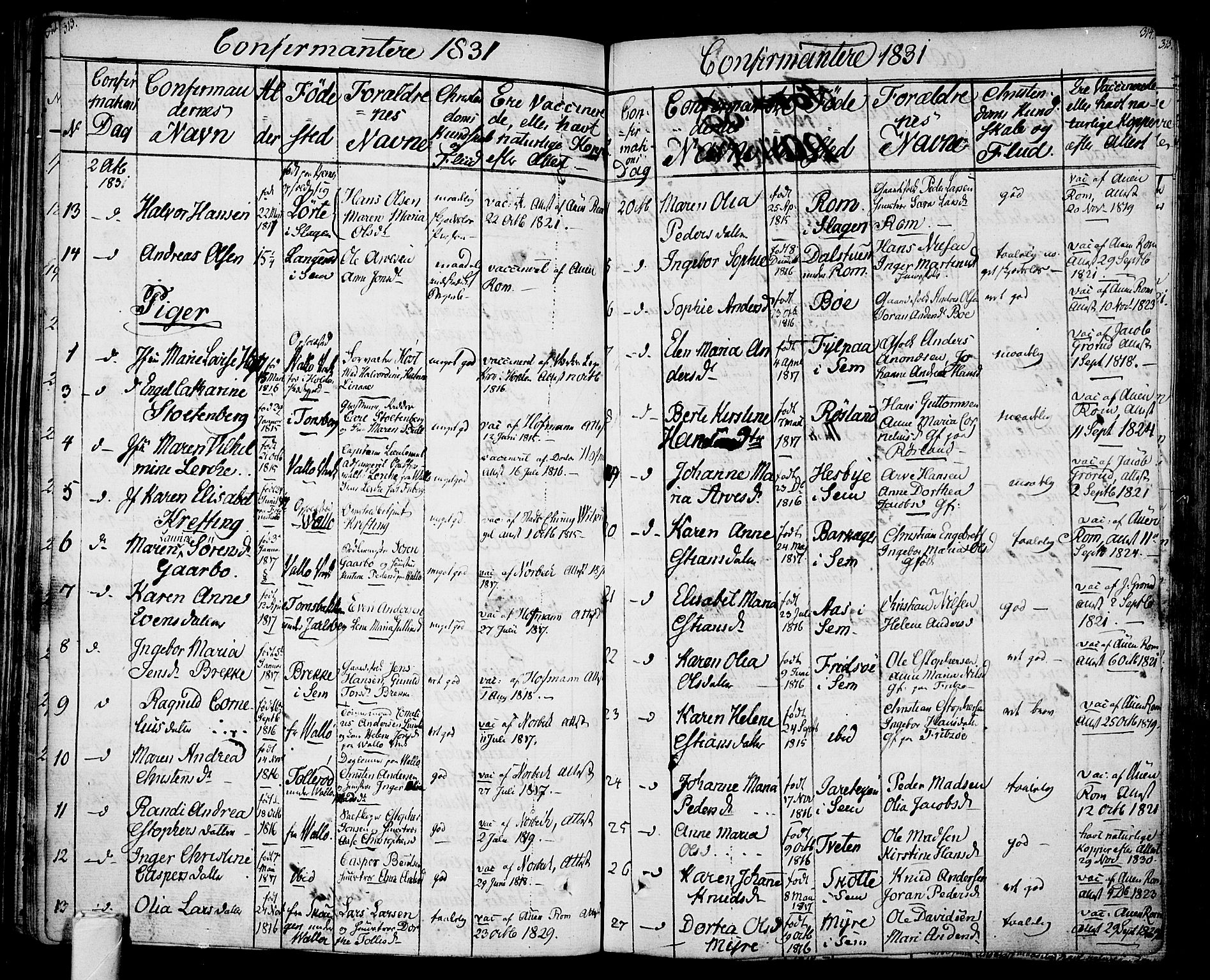 Sem kirkebøker, SAKO/A-5/F/Fa/L0005: Parish register (official) no. I 5, 1825-1842, p. 313-314