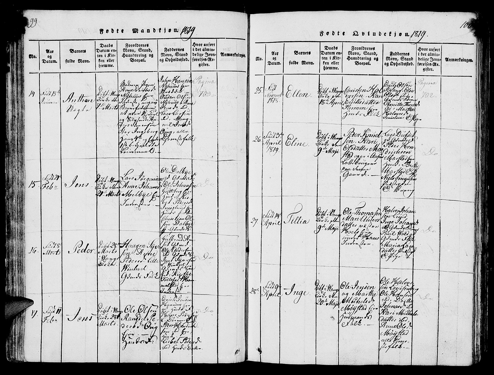 Vang prestekontor, Hedmark, AV/SAH-PREST-008/H/Ha/Hab/L0004: Parish register (copy) no. 4, 1813-1827, p. 99-100