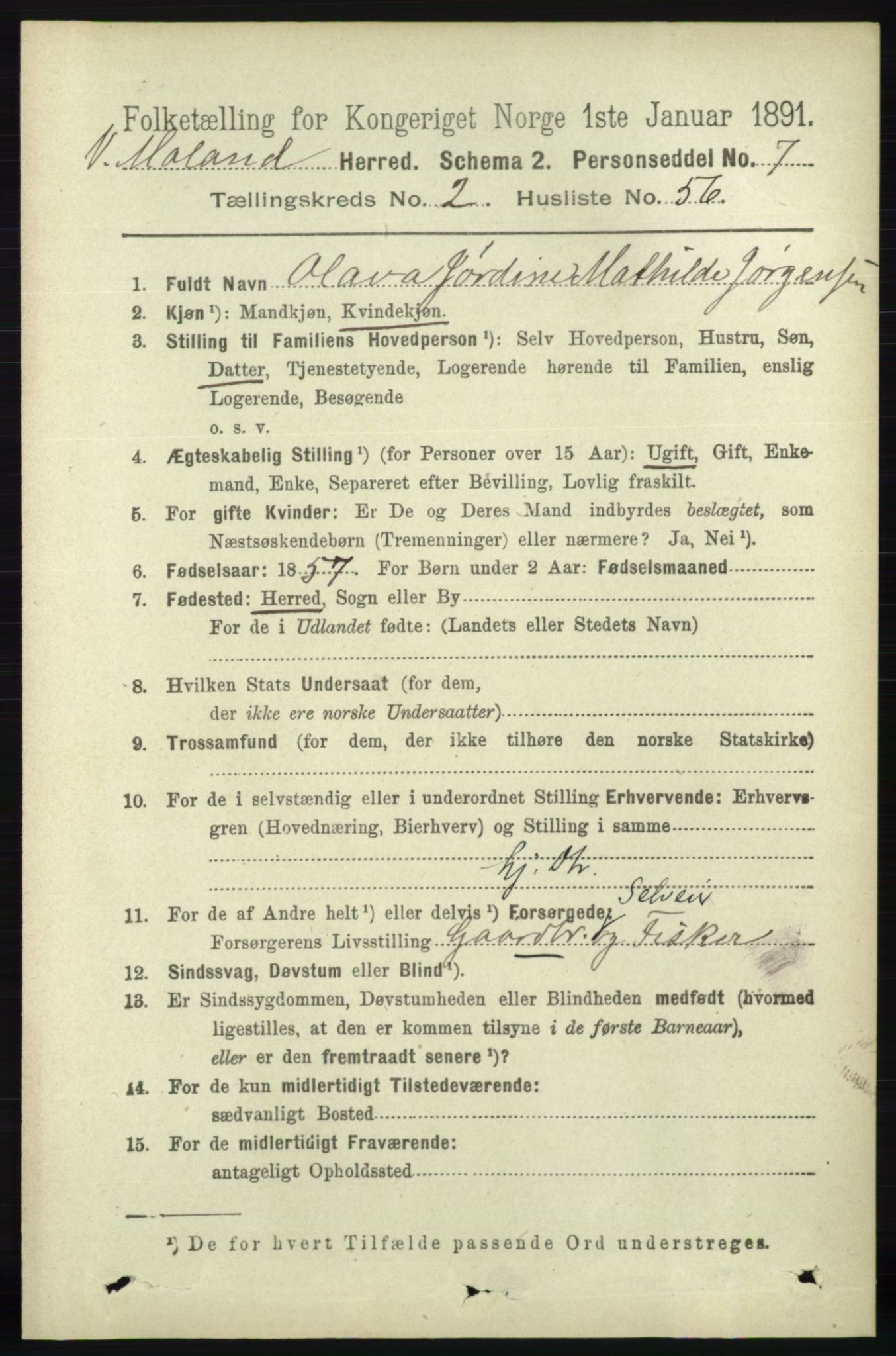 RA, 1891 census for 0926 Vestre Moland, 1891, p. 918