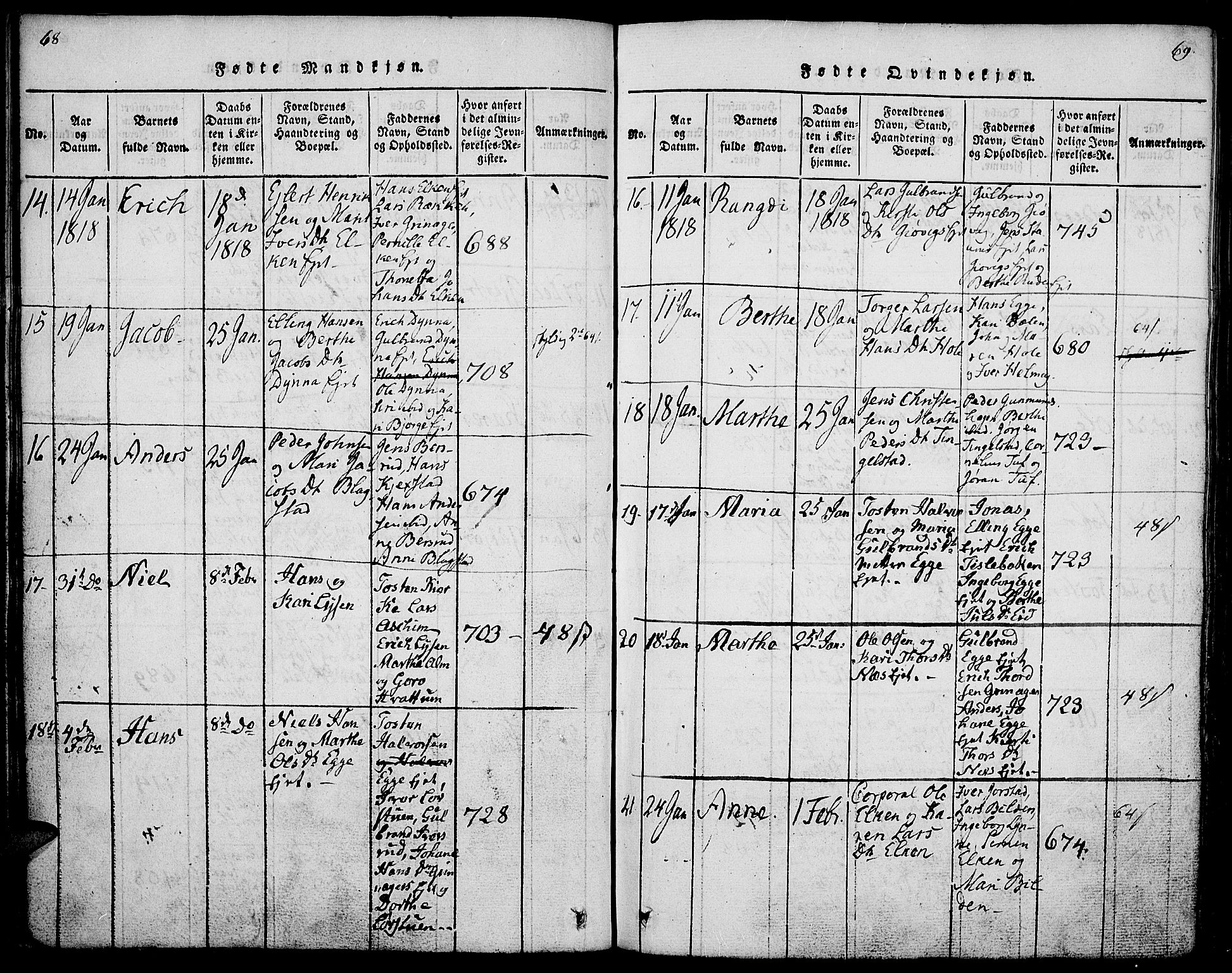 Gran prestekontor, SAH/PREST-112/H/Ha/Haa/L0009: Parish register (official) no. 9, 1815-1824, p. 68-69