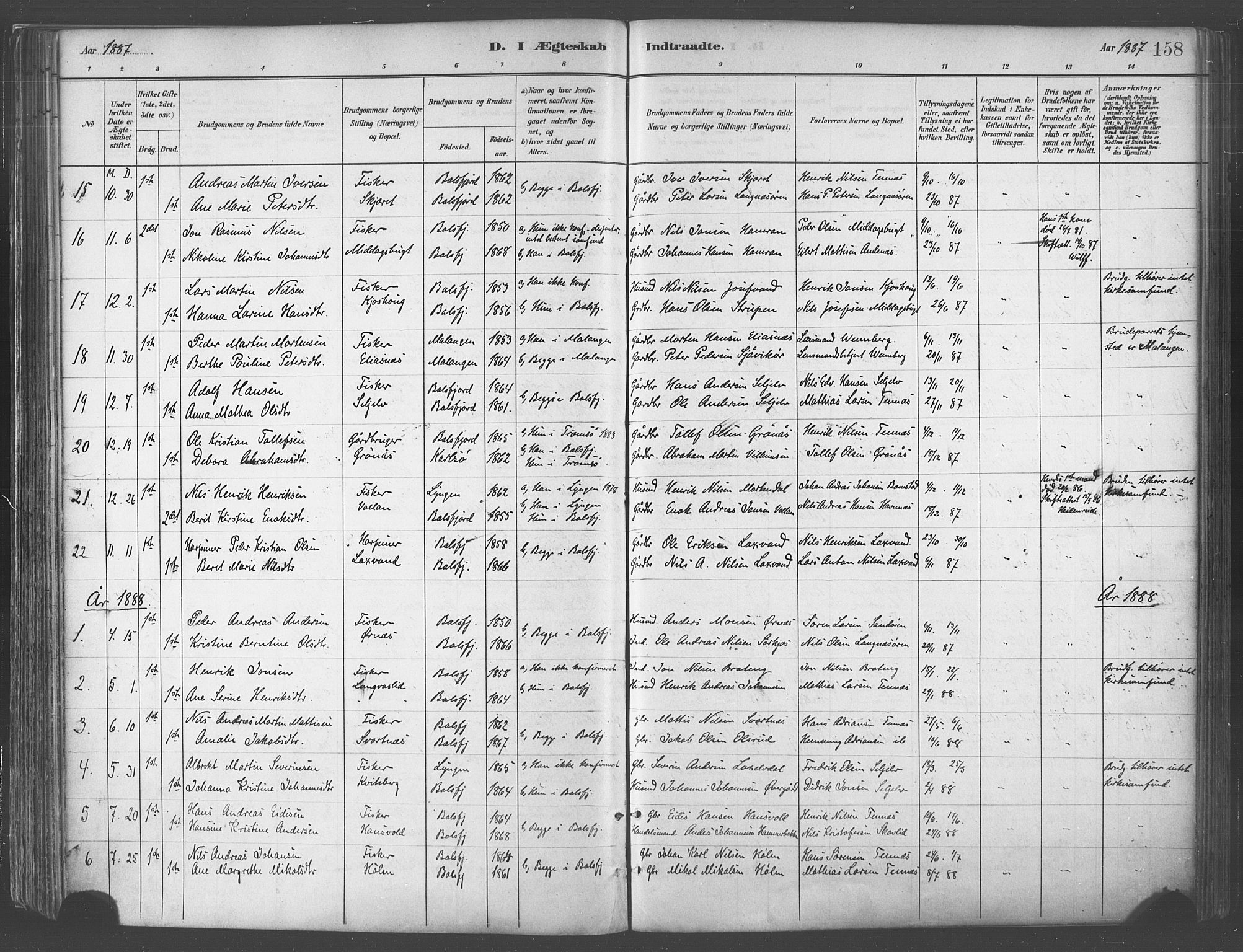 Balsfjord sokneprestembete, AV/SATØ-S-1303/G/Ga/L0005kirke: Parish register (official) no. 5, 1884-1897, p. 158