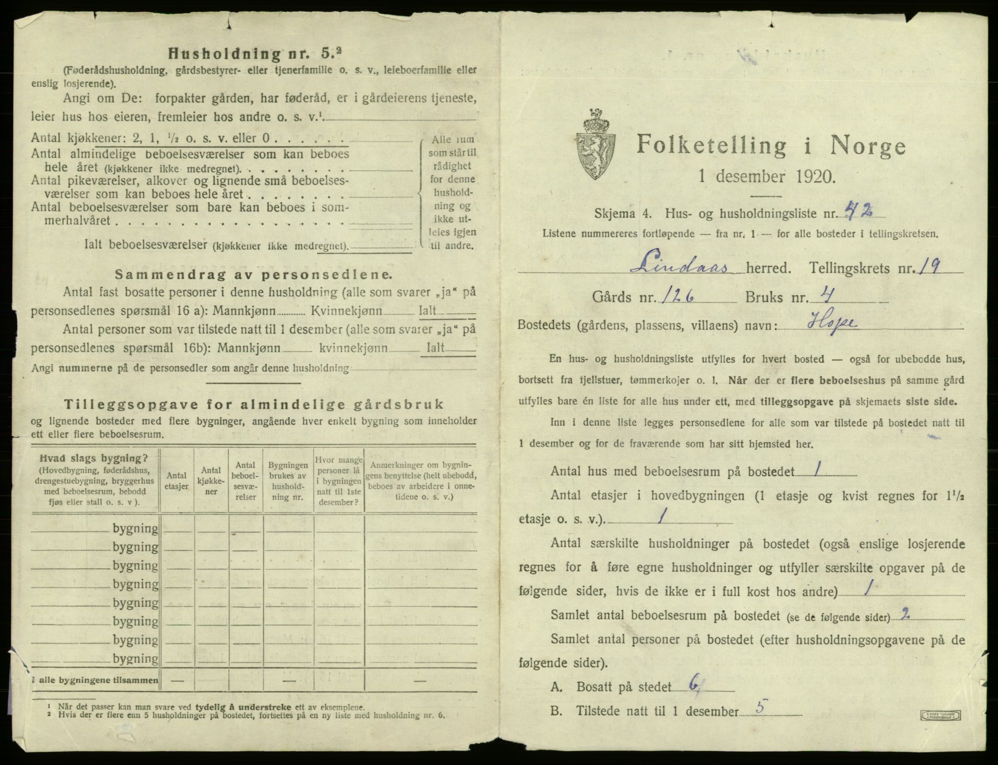 SAB, 1920 census for Lindås, 1920, p. 1427