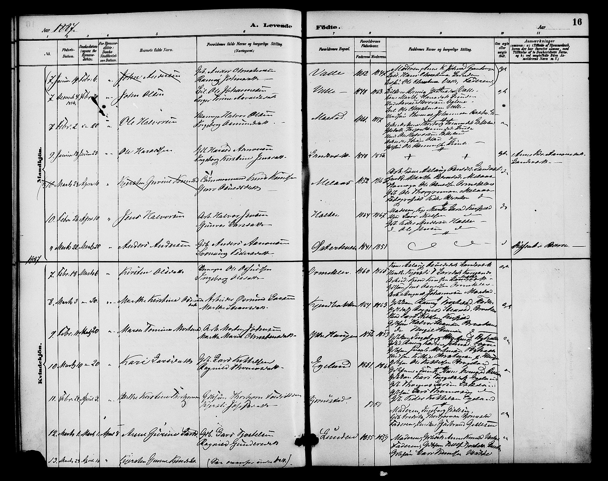 Gjerstad sokneprestkontor, AV/SAK-1111-0014/F/Fa/Faa/L0009: Parish register (official) no. A 9, 1885-1890, p. 16