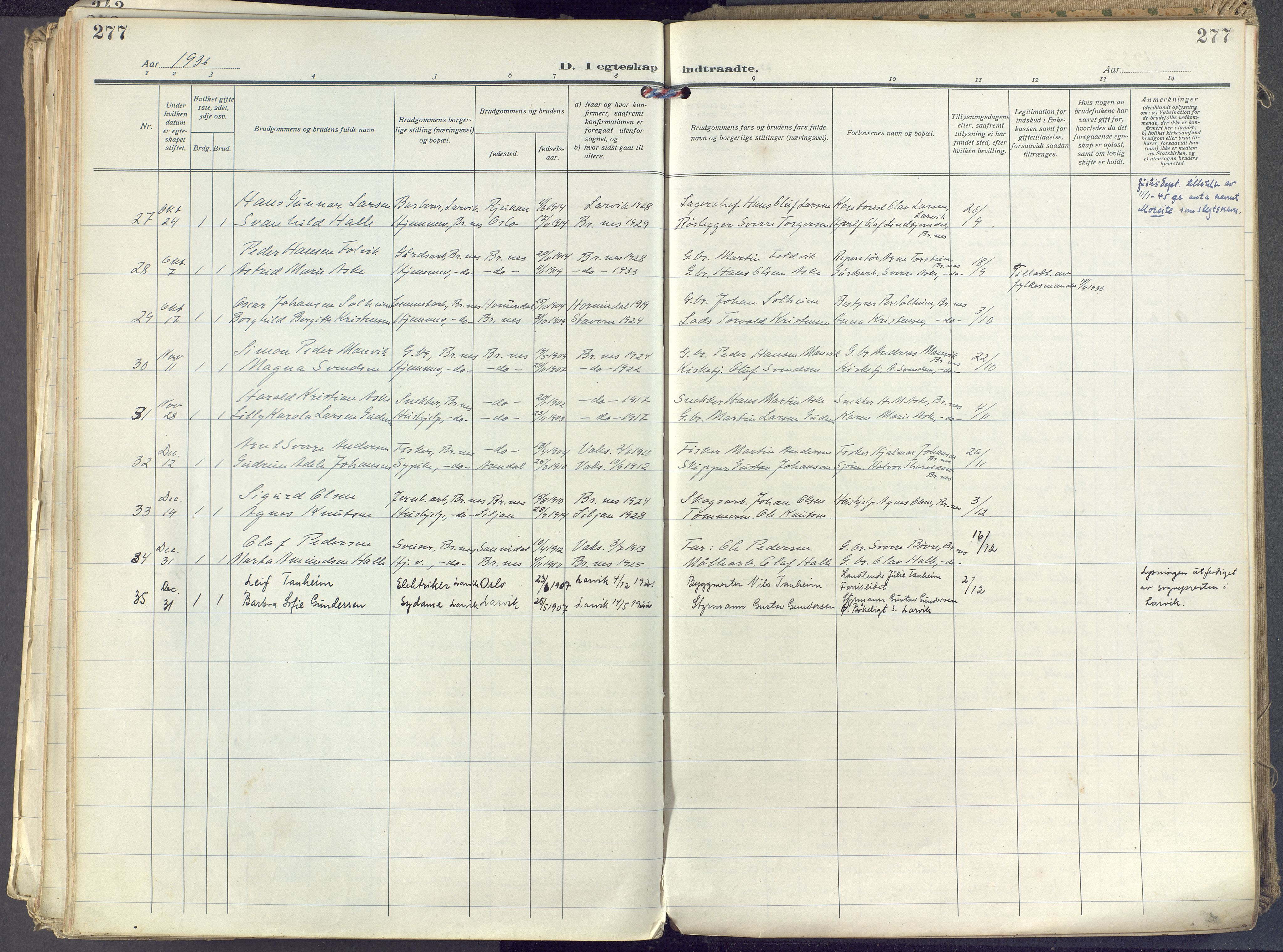 Brunlanes kirkebøker, SAKO/A-342/F/Fc/L0004: Parish register (official) no. III 4, 1923-1943, p. 277