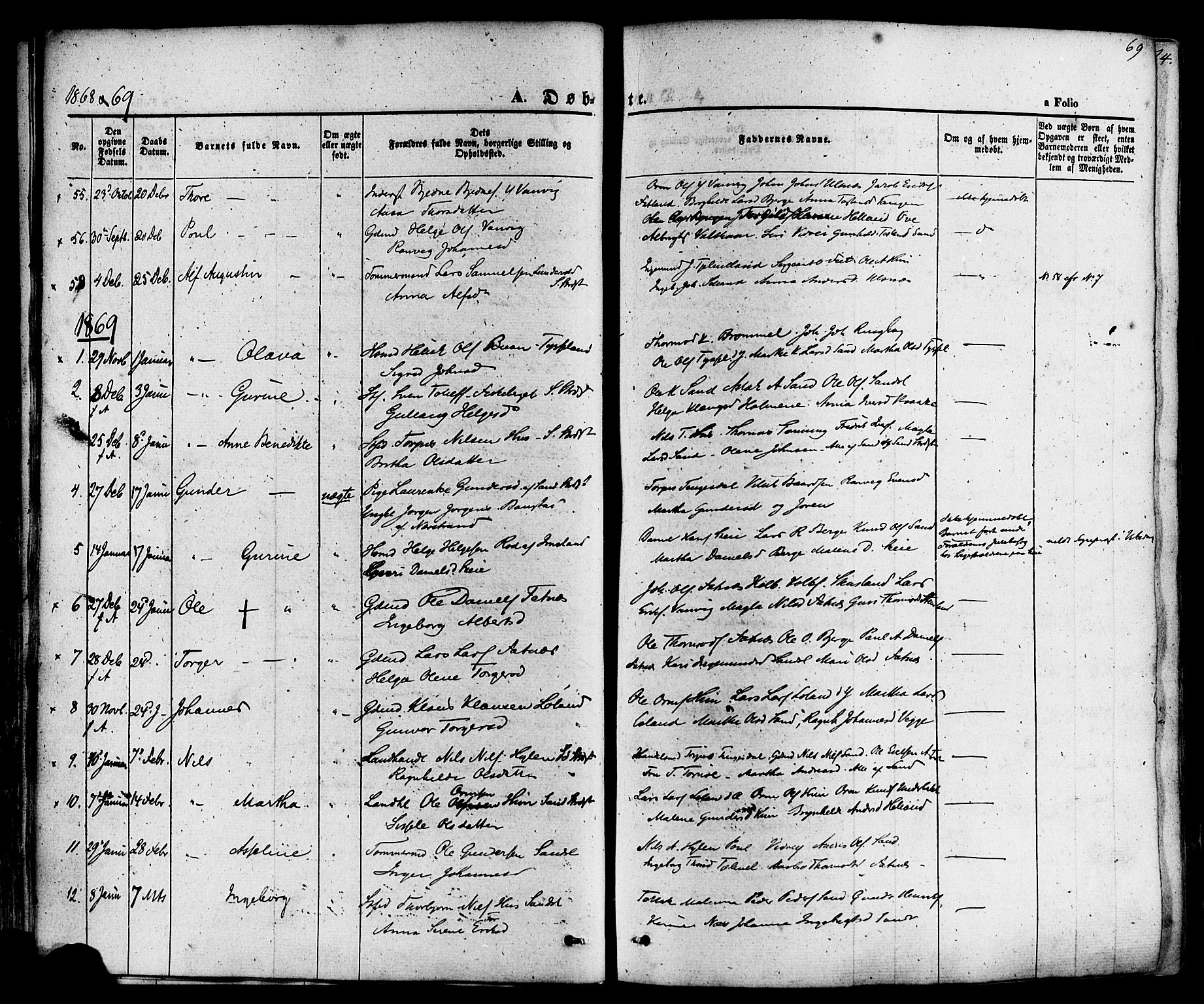 Sand sokneprestkontor, AV/SAST-A-101848/01/III/L0003: Parish register (official) no. A 3, 1854-1879, p. 69