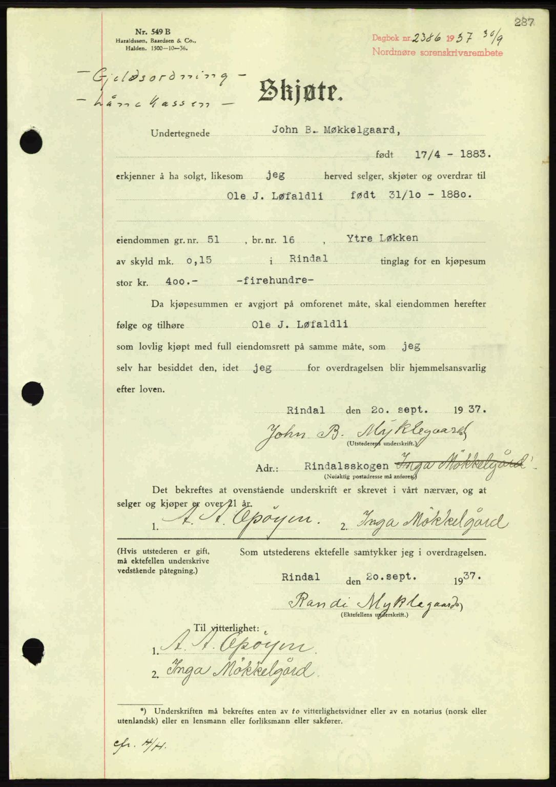 Nordmøre sorenskriveri, AV/SAT-A-4132/1/2/2Ca: Mortgage book no. A82, 1937-1938, Diary no: : 2386/1937