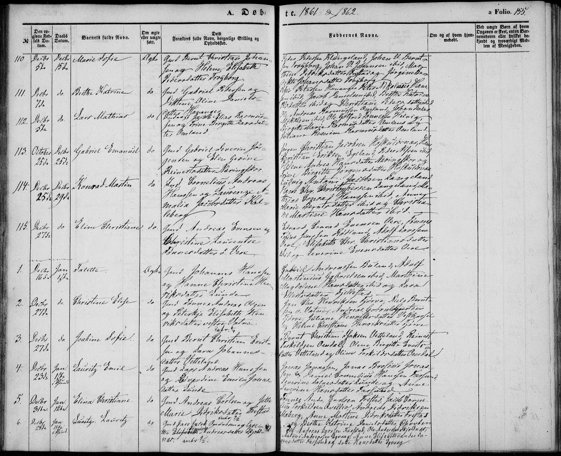 Lista sokneprestkontor, AV/SAK-1111-0027/F/Fb/L0002: Parish register (copy) no. B 2, 1847-1862, p. 155