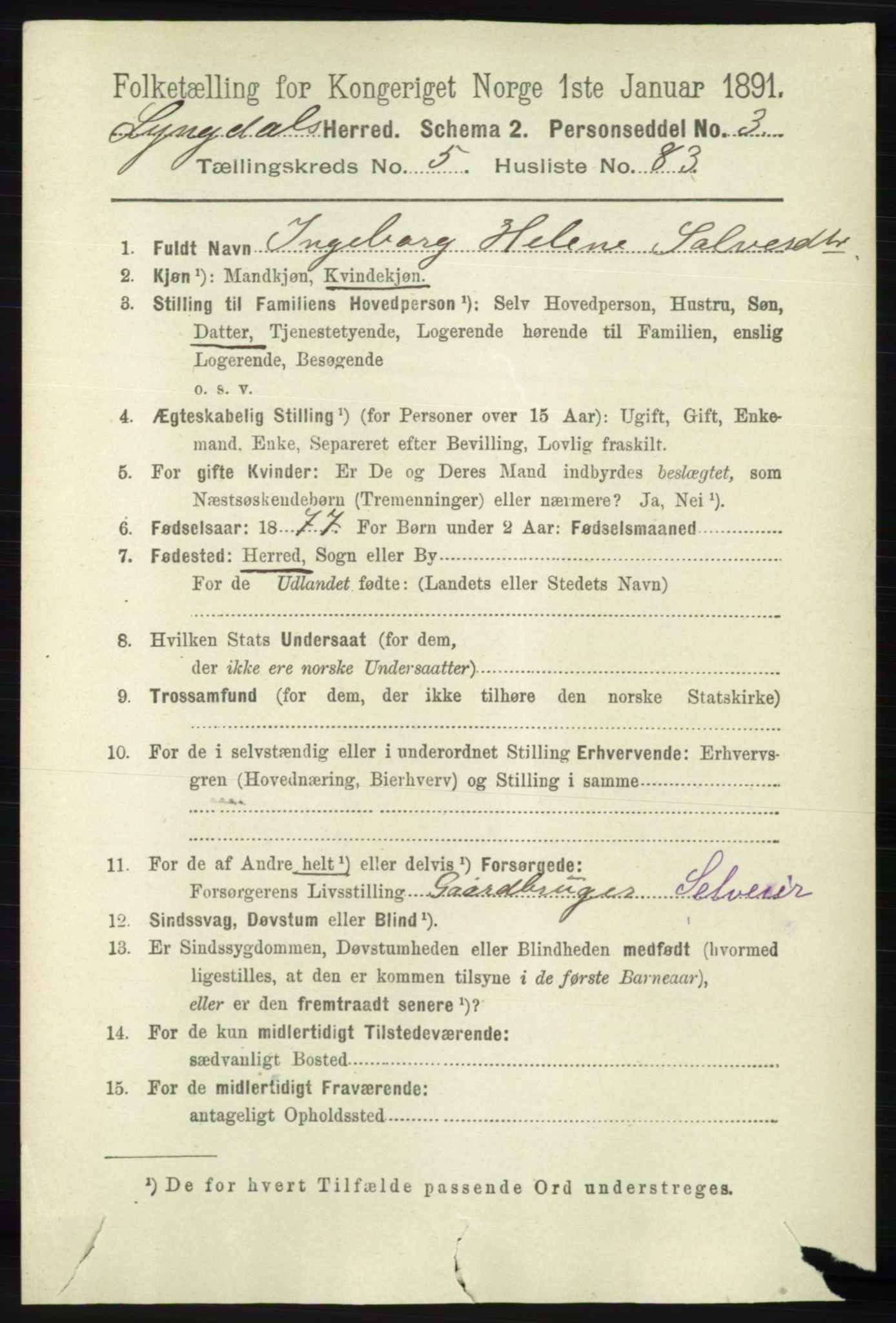 RA, 1891 census for 1032 Lyngdal, 1891, p. 2366