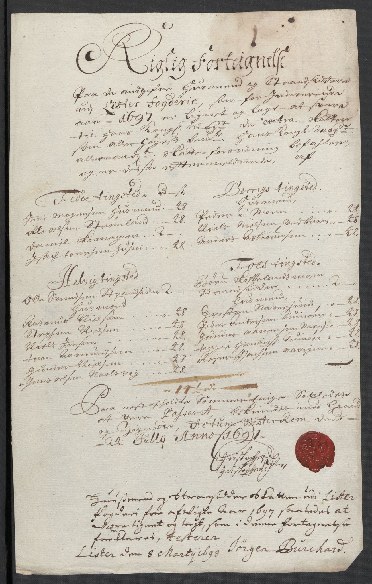 Rentekammeret inntil 1814, Reviderte regnskaper, Fogderegnskap, RA/EA-4092/R43/L2546: Fogderegnskap Lista og Mandal, 1696-1697, p. 205