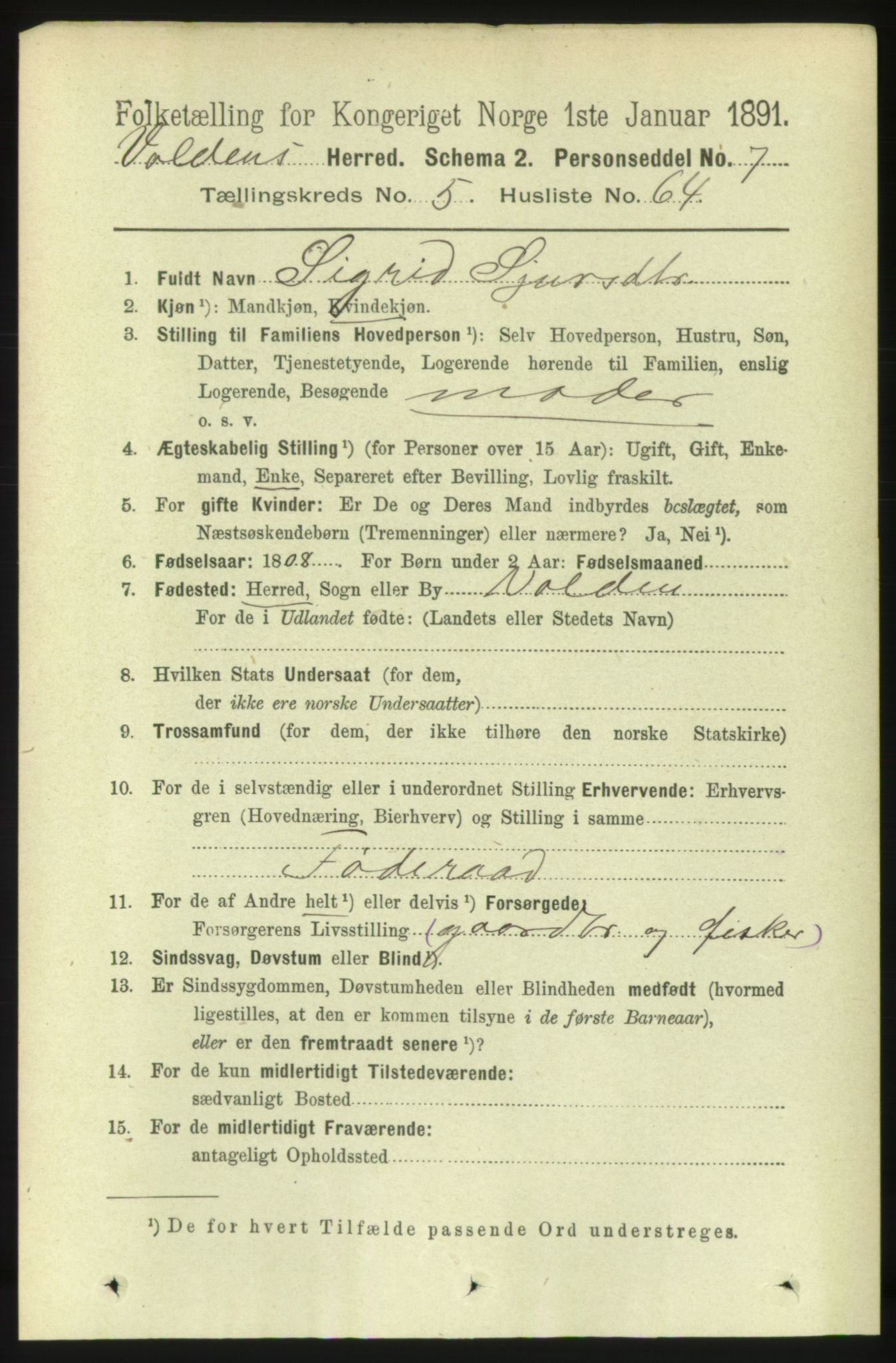 RA, 1891 census for 1519 Volda, 1891, p. 2673