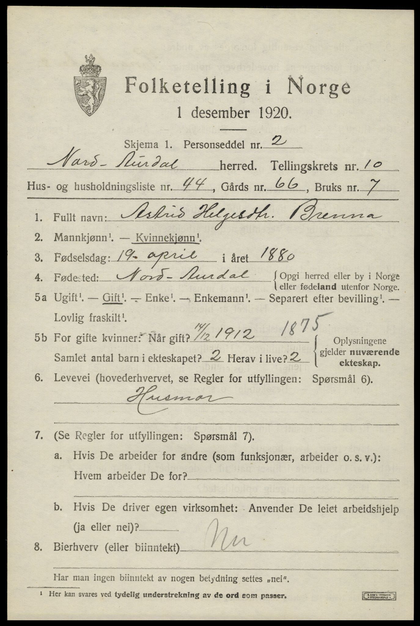 SAH, 1920 census for Nord-Aurdal, 1920, p. 8324