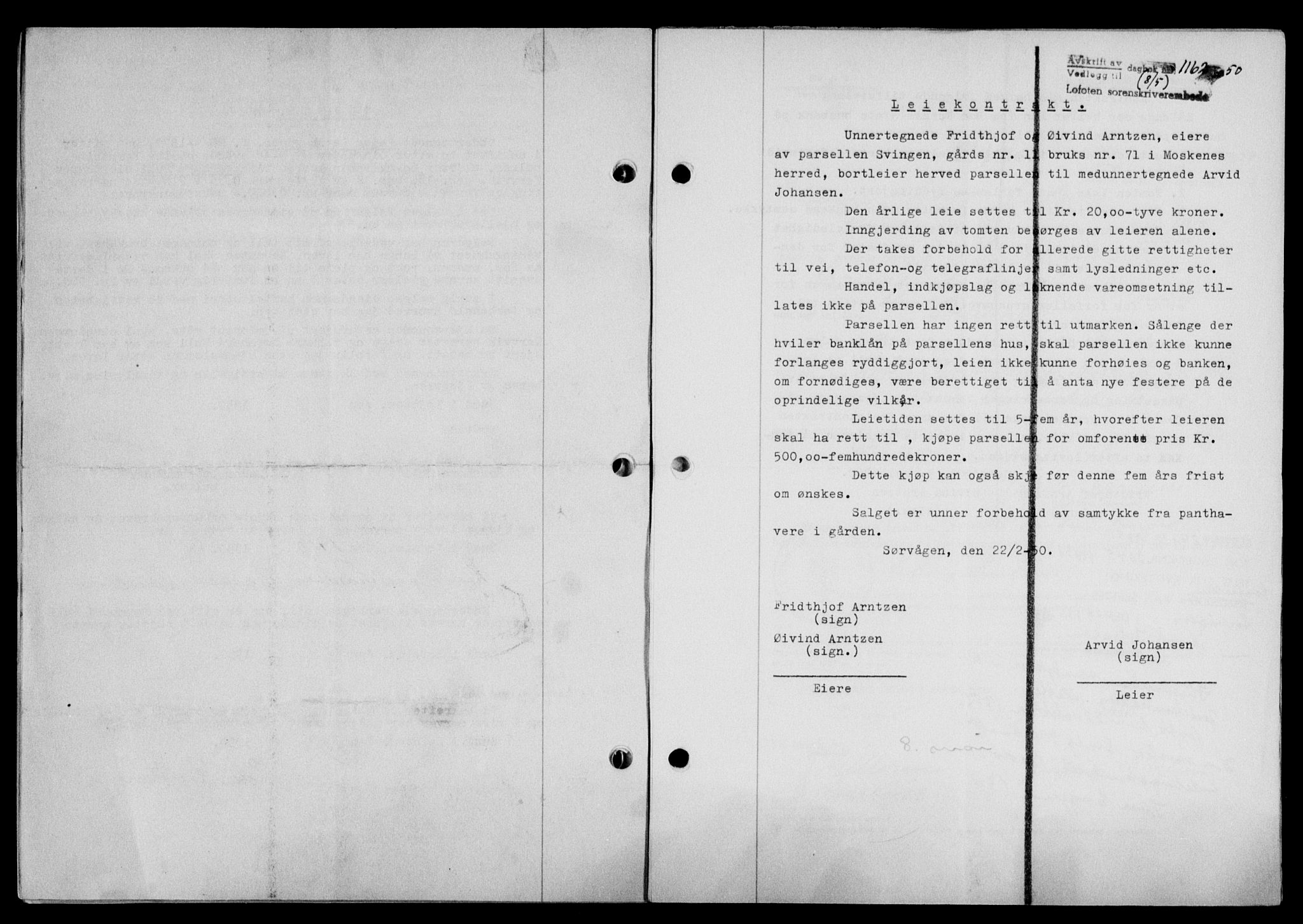 Lofoten sorenskriveri, SAT/A-0017/1/2/2C/L0023a: Mortgage book no. 23a, 1950-1950, Diary no: : 1162/1950