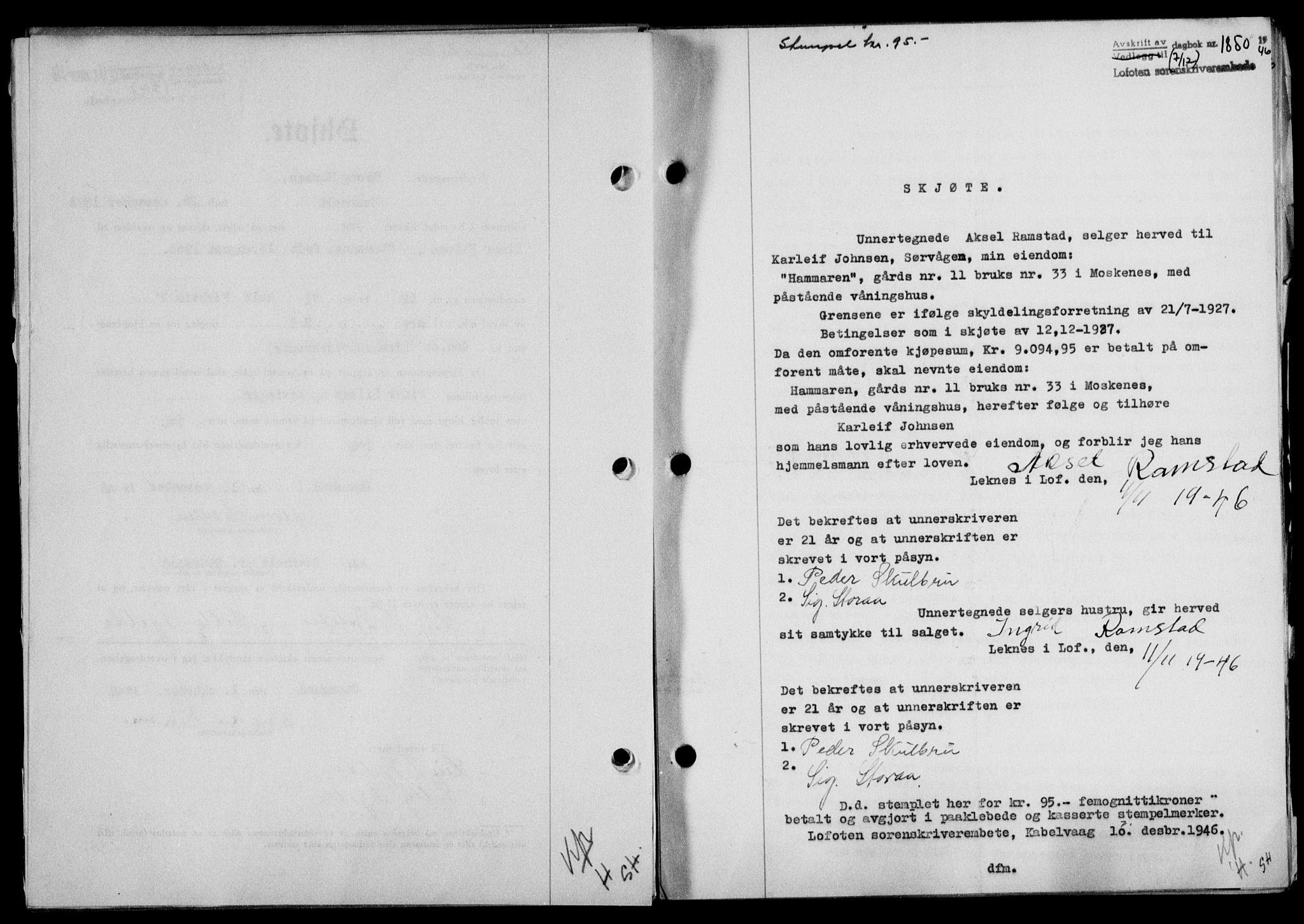 Lofoten sorenskriveri, SAT/A-0017/1/2/2C/L0015a: Mortgage book no. 15a, 1946-1947, Diary no: : 1850/1946