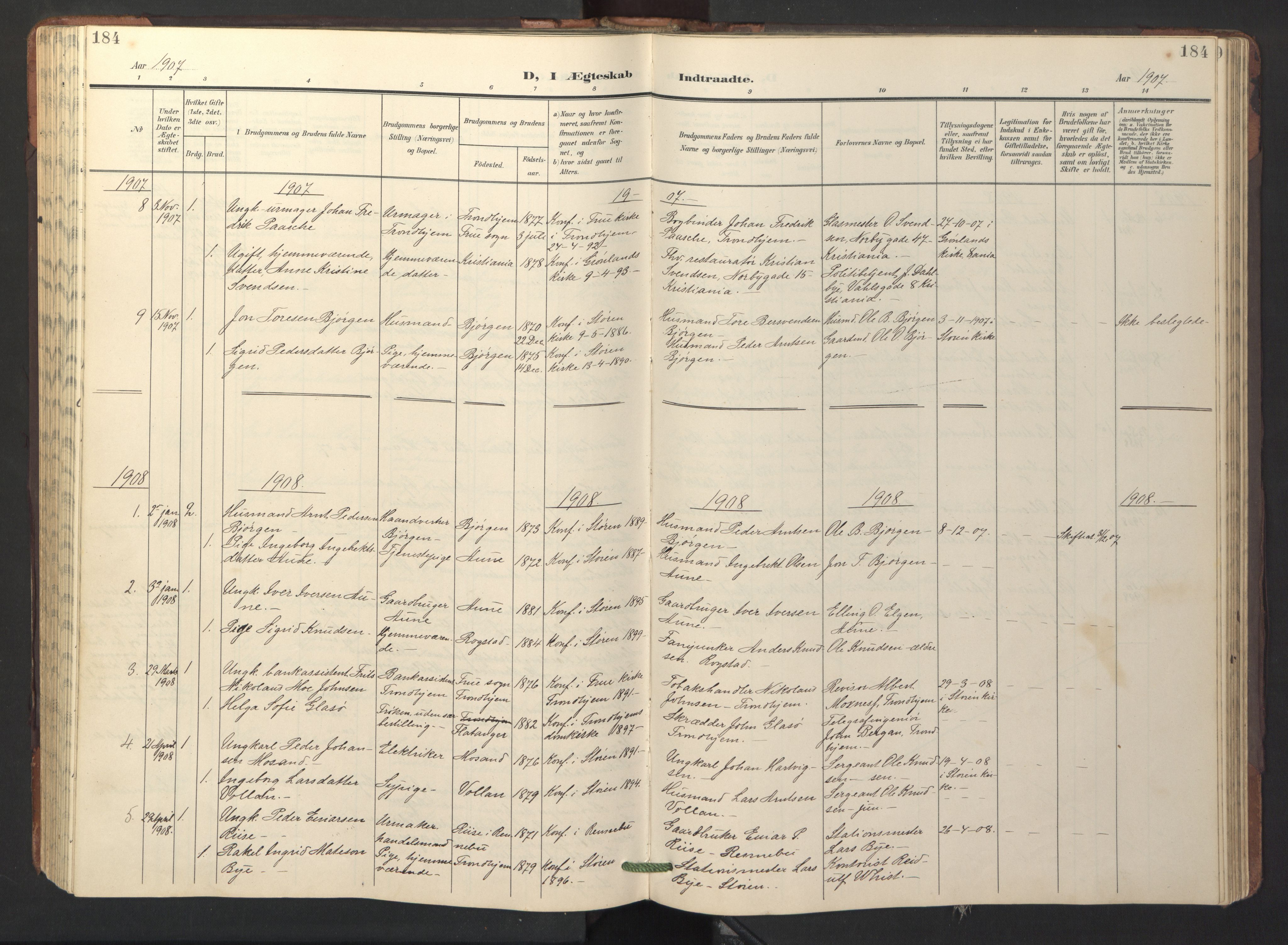 Ministerialprotokoller, klokkerbøker og fødselsregistre - Sør-Trøndelag, SAT/A-1456/687/L1019: Parish register (copy) no. 687C03, 1904-1931, p. 184