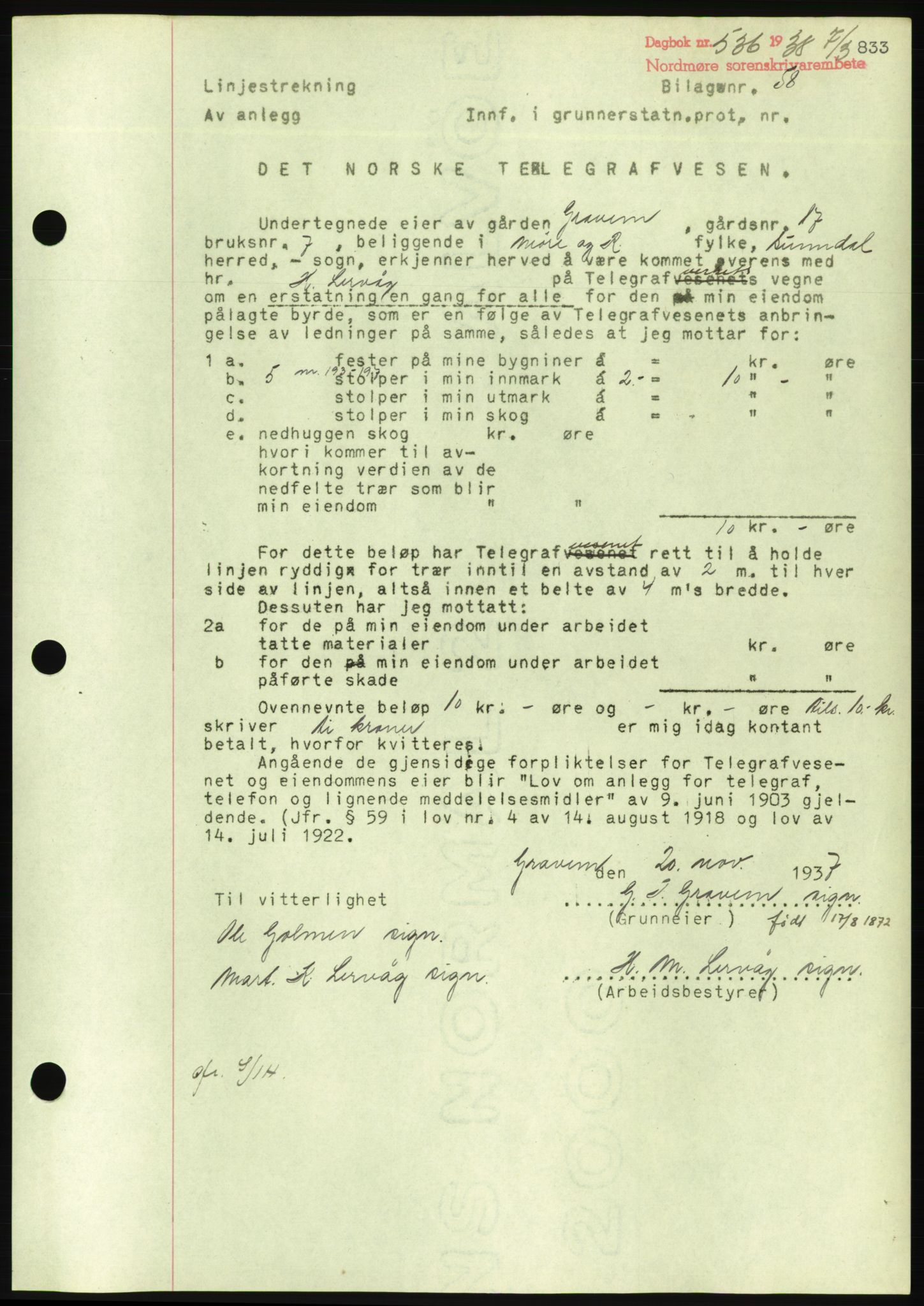 Nordmøre sorenskriveri, AV/SAT-A-4132/1/2/2Ca/L0092: Mortgage book no. B82, 1937-1938, Diary no: : 536/1938