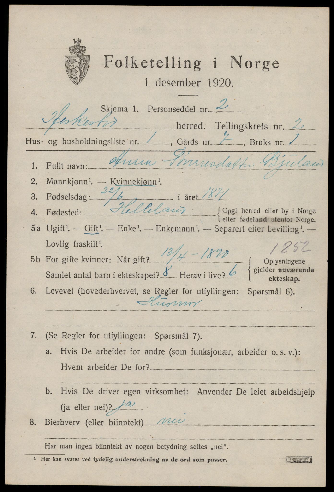 SAST, 1920 census for Heskestad, 1920, p. 603