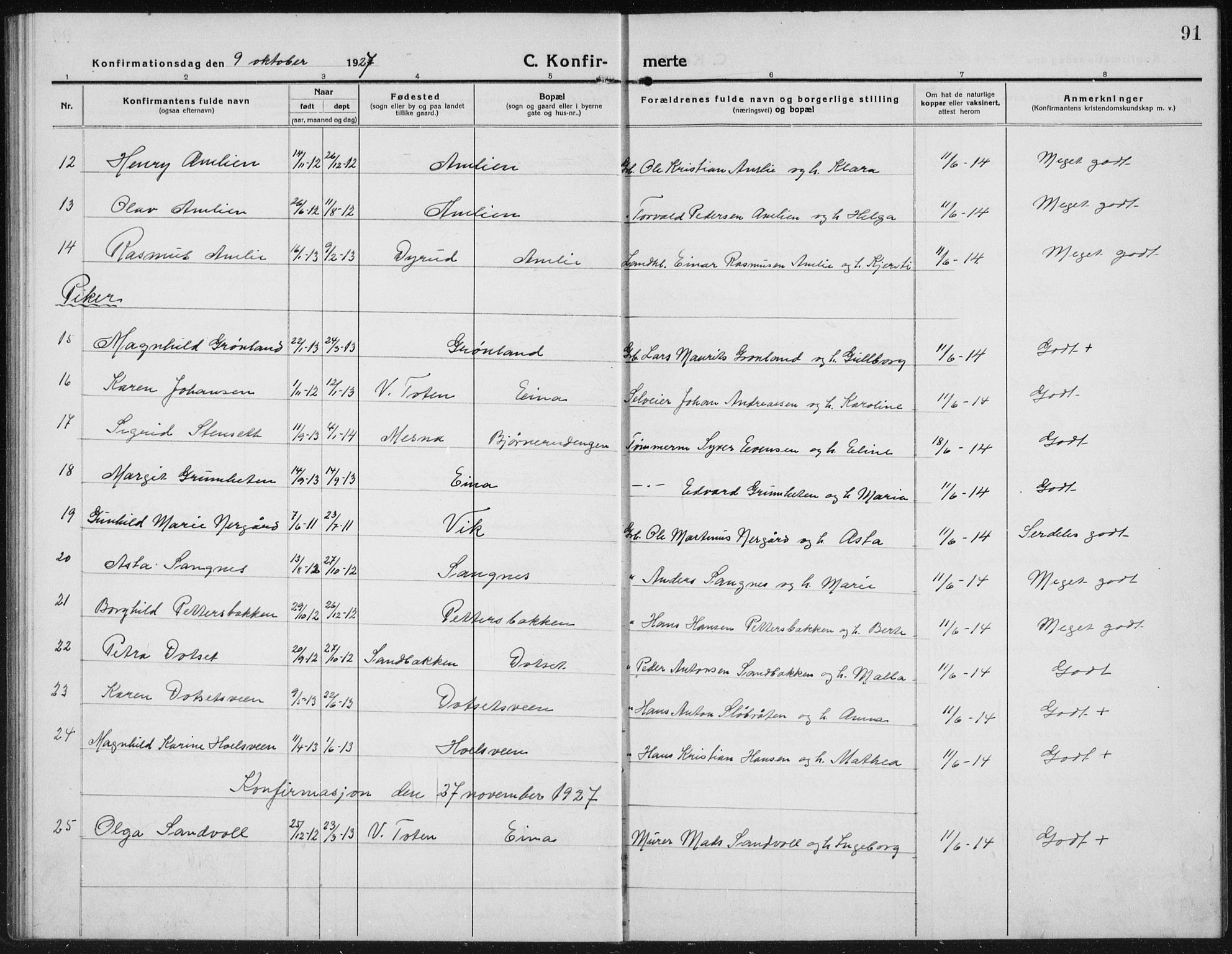 Kolbu prestekontor, SAH/PREST-110/H/Ha/Hab/L0006: Parish register (copy) no. 6, 1916-1934, p. 91