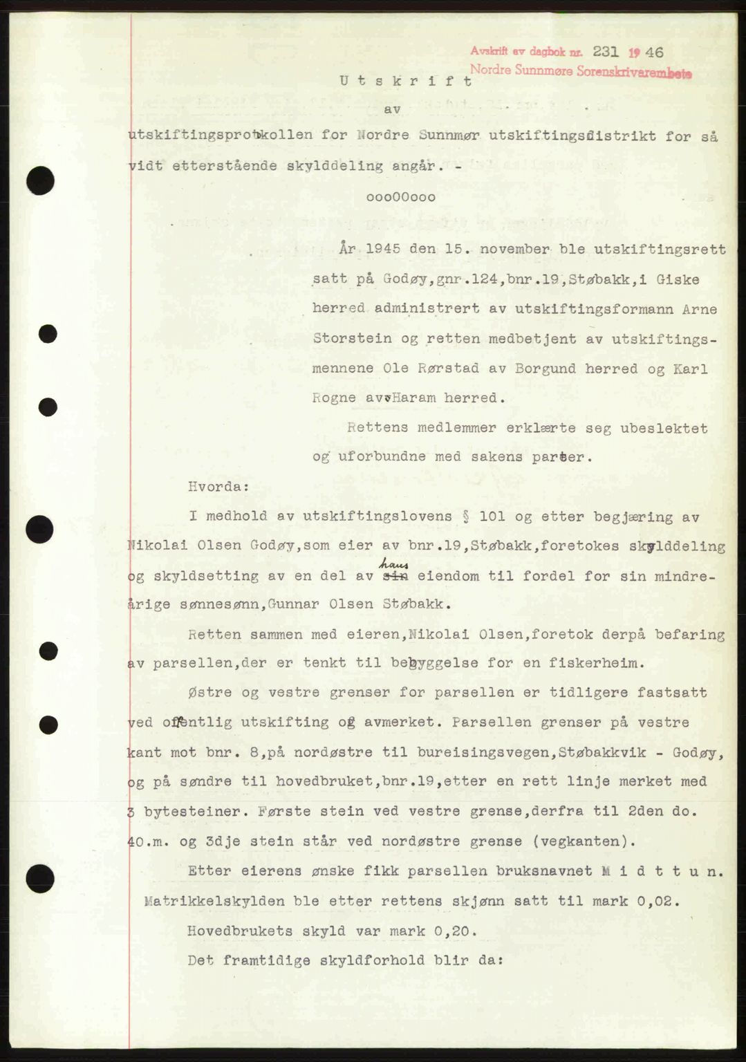 Nordre Sunnmøre sorenskriveri, AV/SAT-A-0006/1/2/2C/2Ca: Mortgage book no. A20b, 1946-1946, Diary no: : 231/1946