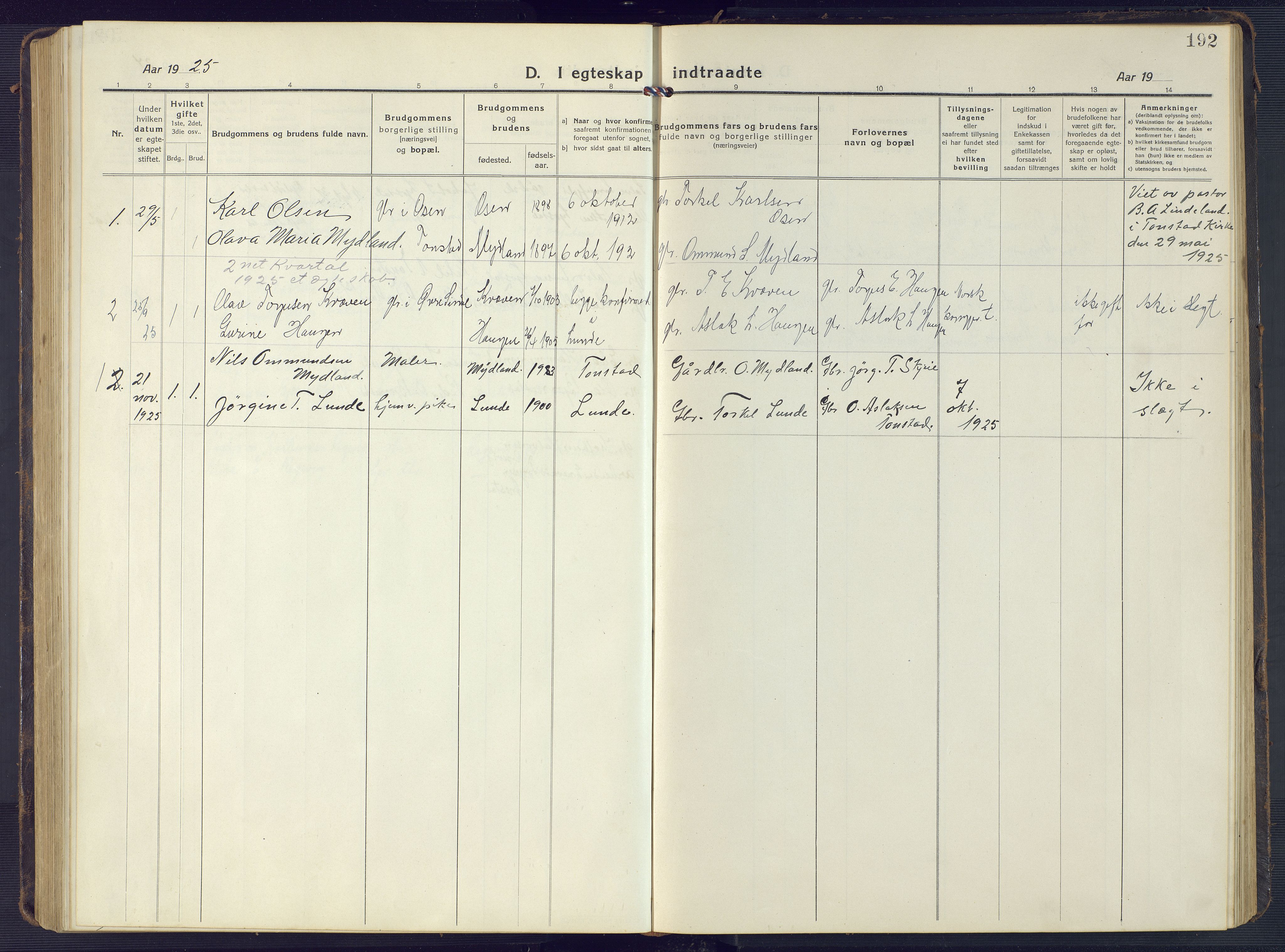 Sirdal sokneprestkontor, SAK/1111-0036/F/Fb/Fbb/L0005: Parish register (copy) no. B 5, 1916-1960, p. 192