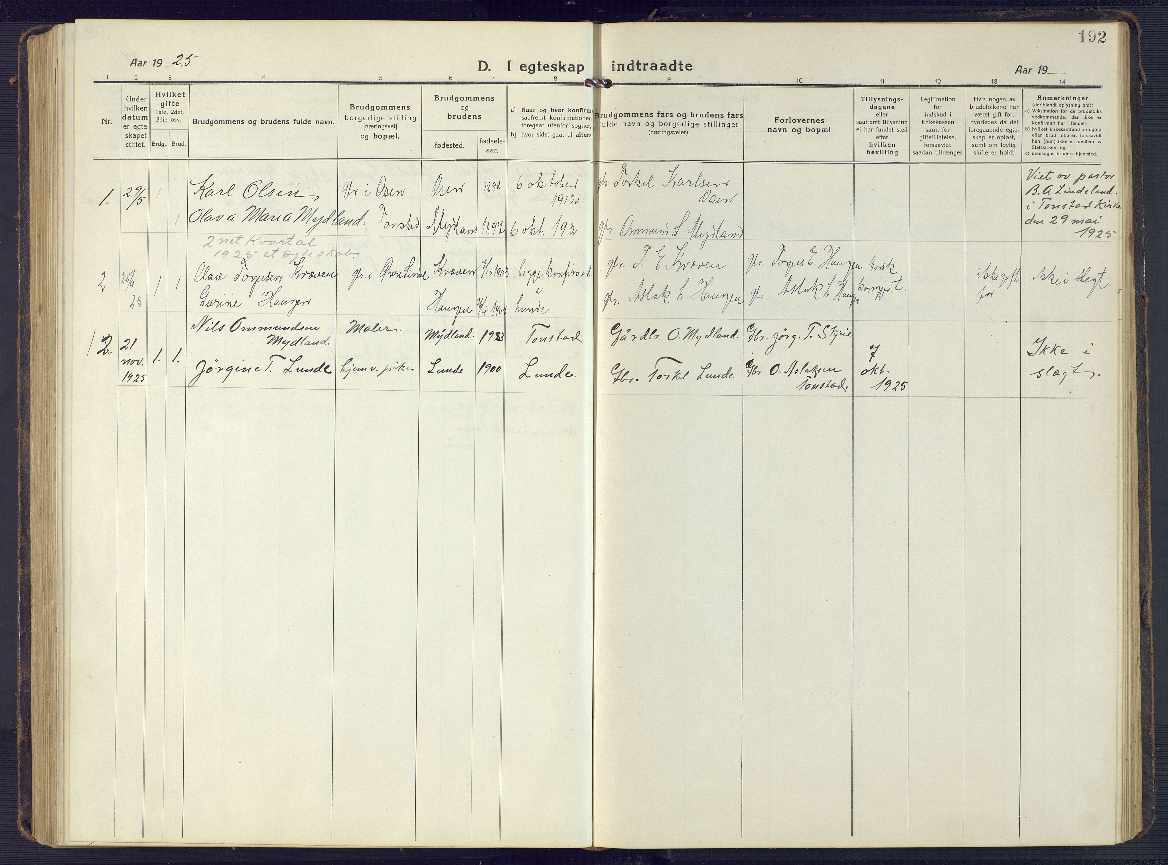 Sirdal sokneprestkontor, AV/SAK-1111-0036/F/Fb/Fbb/L0005: Parish register (copy) no. B 5, 1916-1960, p. 192