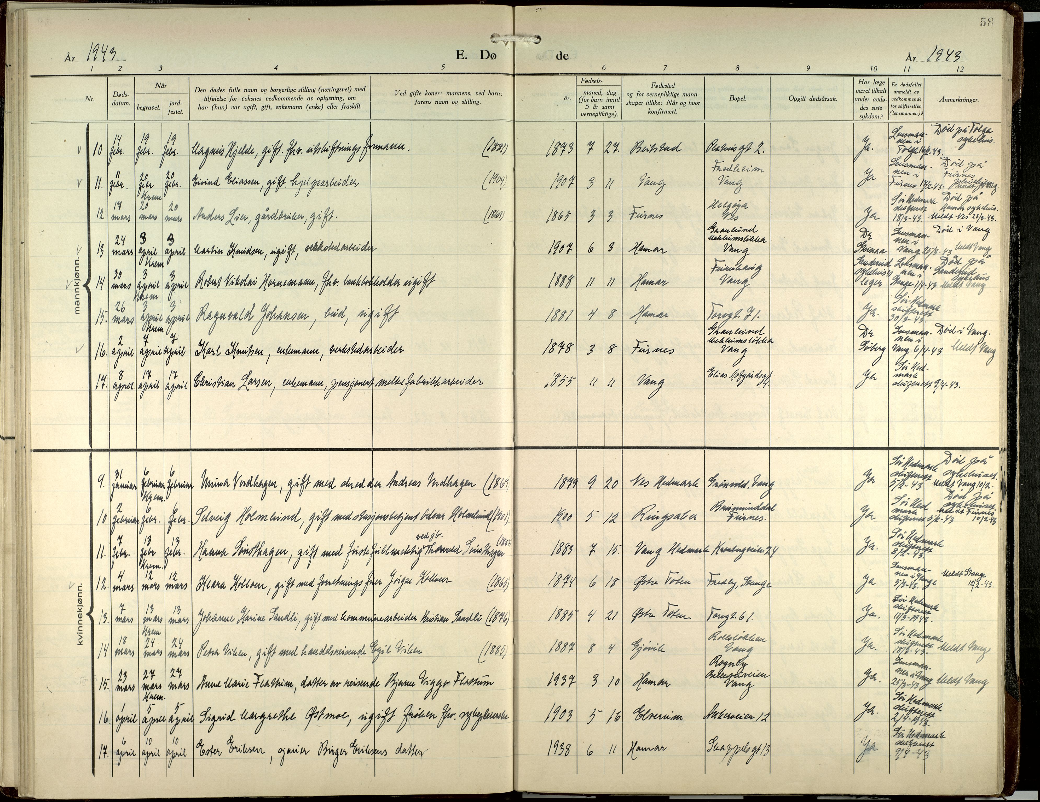 Hamar prestekontor, AV/SAH-DOMPH-002/H/Ha/Haa/L0007: Parish register (official) no. 7, 1933-1953, p. 58