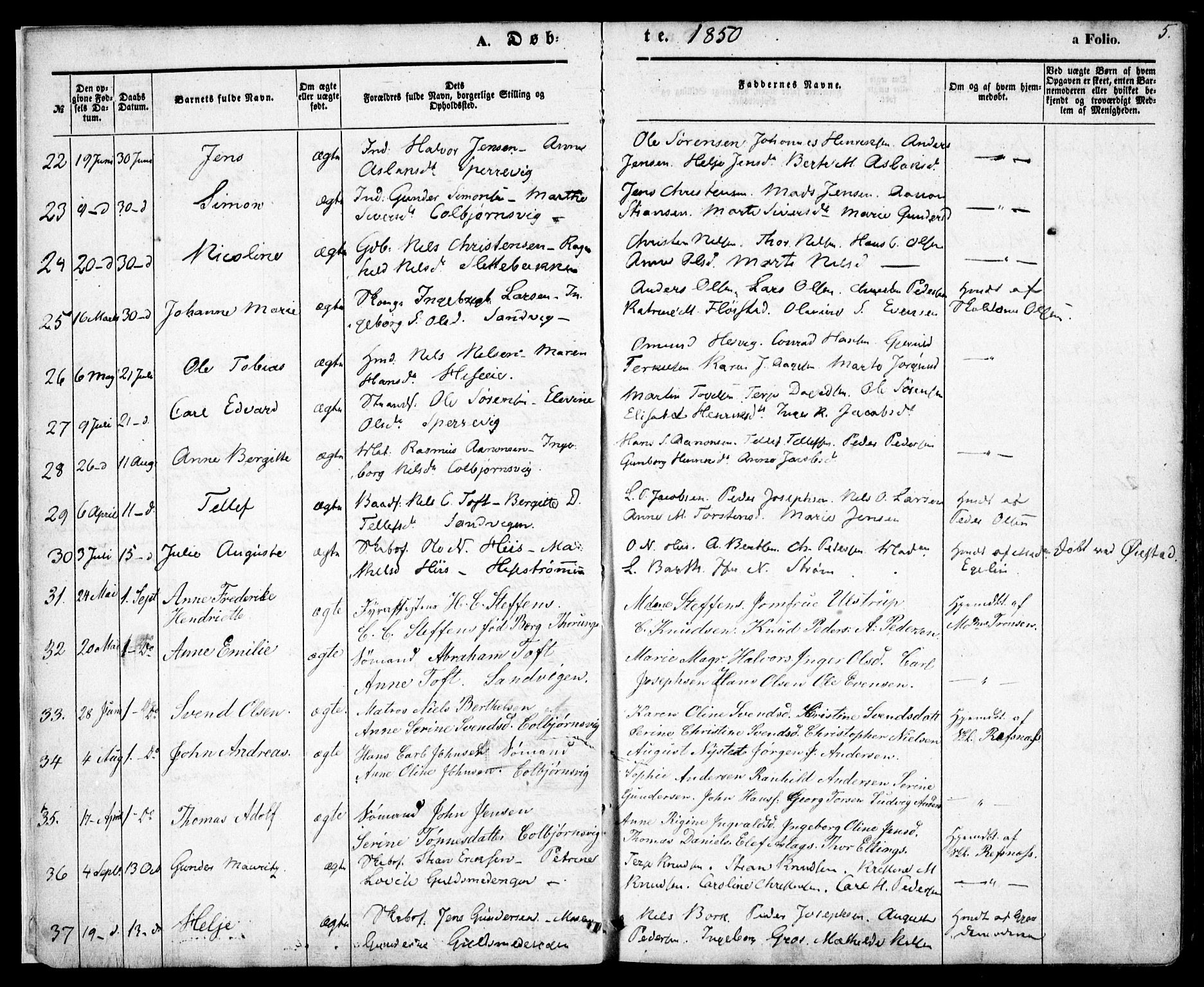 Hisøy sokneprestkontor, SAK/1111-0020/F/Fa/L0001: Parish register (official) no. A 1, 1849-1871, p. 5