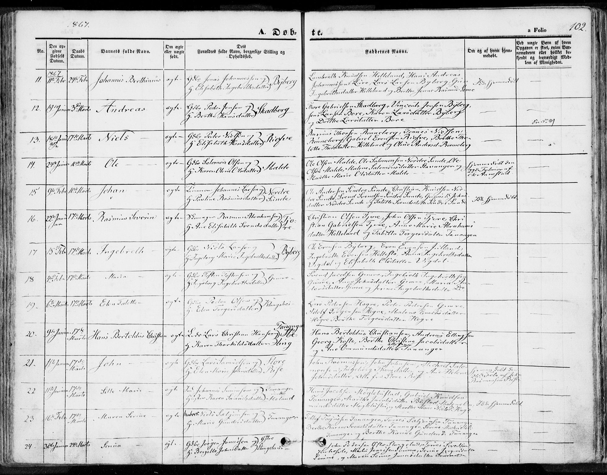 Håland sokneprestkontor, AV/SAST-A-101802/001/30BA/L0007: Parish register (official) no. A 7.1, 1854-1870, p. 102