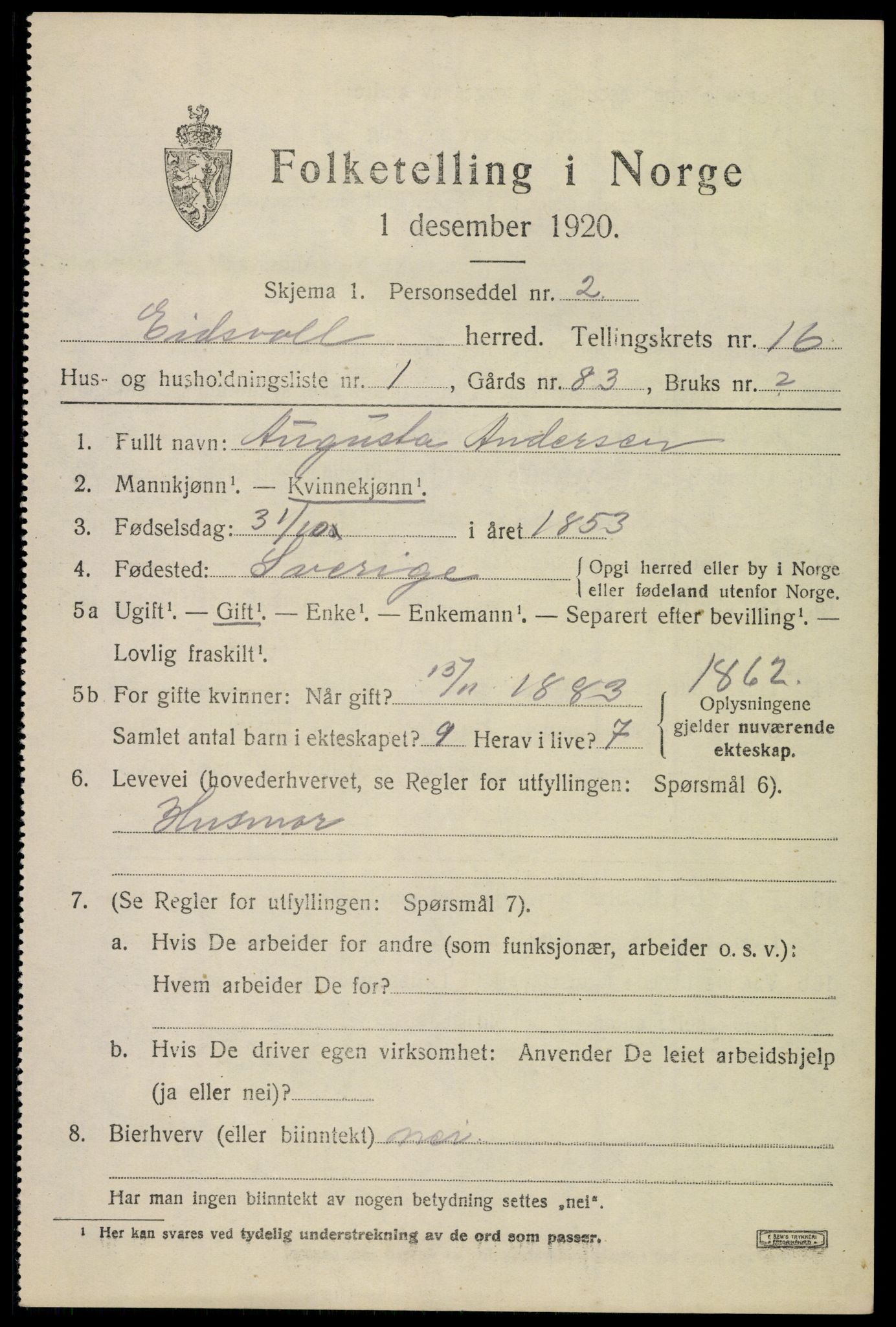 SAO, 1920 census for Eidsvoll, 1920, p. 22665