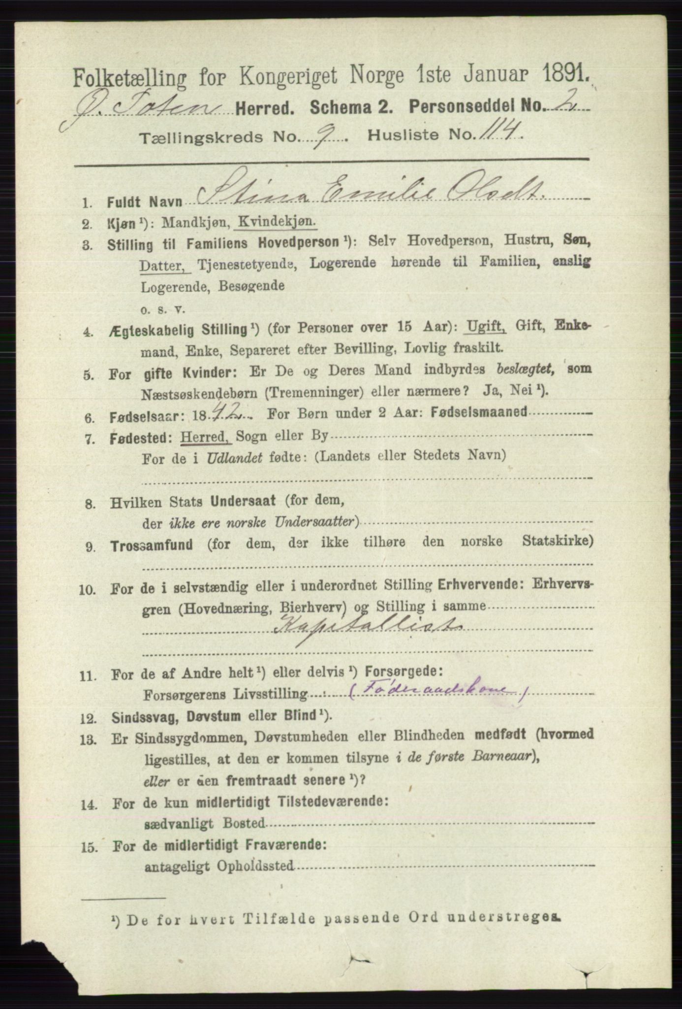 RA, 1891 census for 0528 Østre Toten, 1891, p. 6285