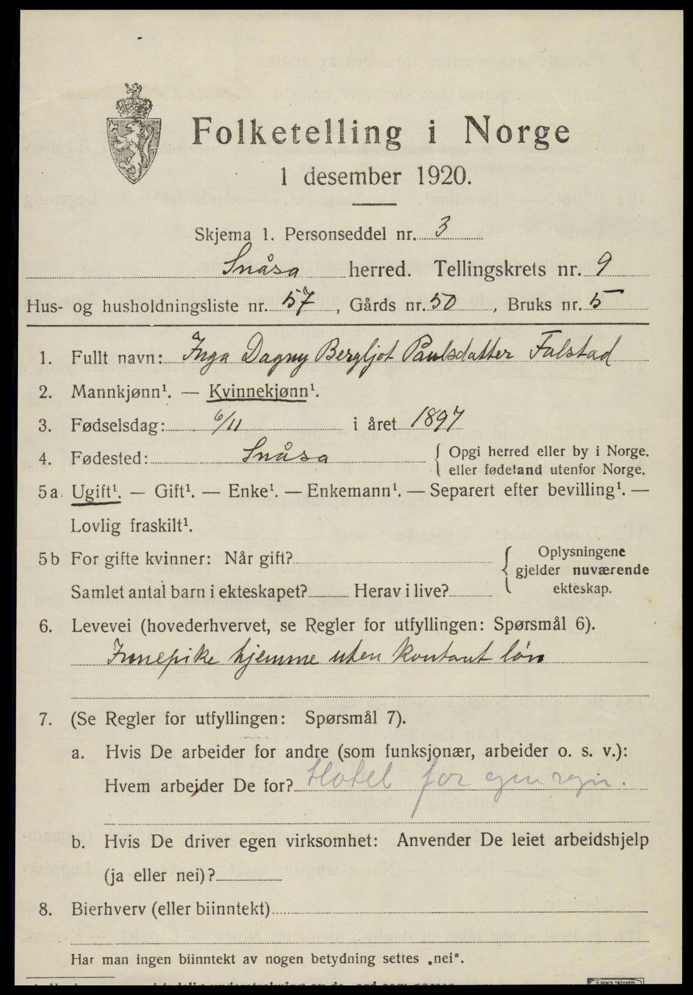 SAT, 1920 census for Snåsa, 1920, p. 4316