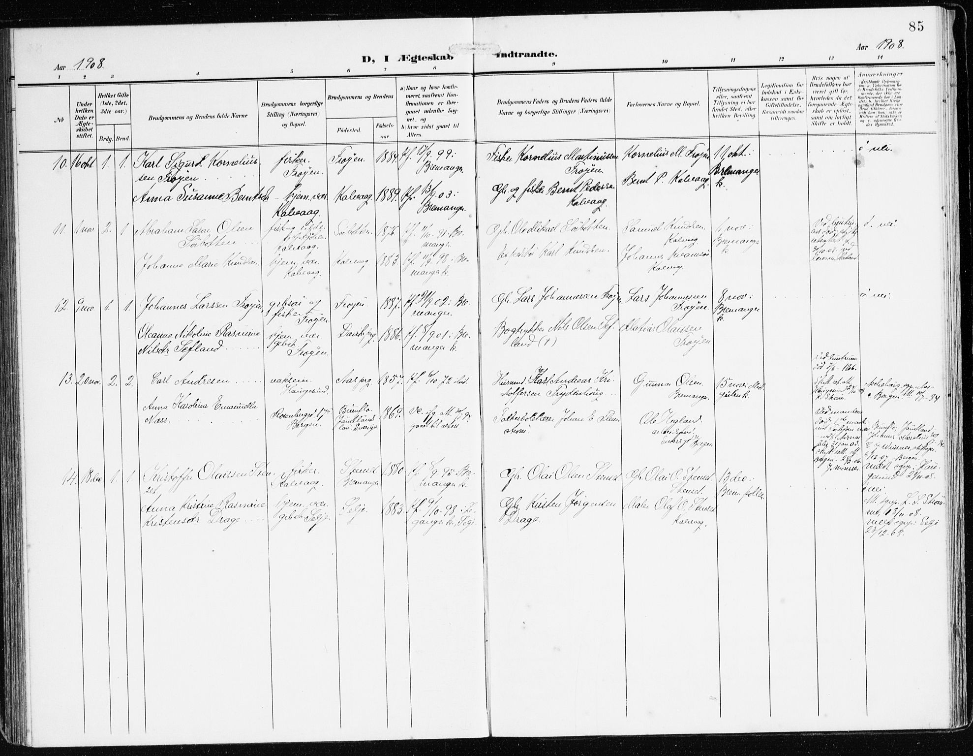 Bremanger sokneprestembete, SAB/A-82201/H/Haa/Haab/L0003: Parish register (official) no. B 3, 1908-1925, p. 85